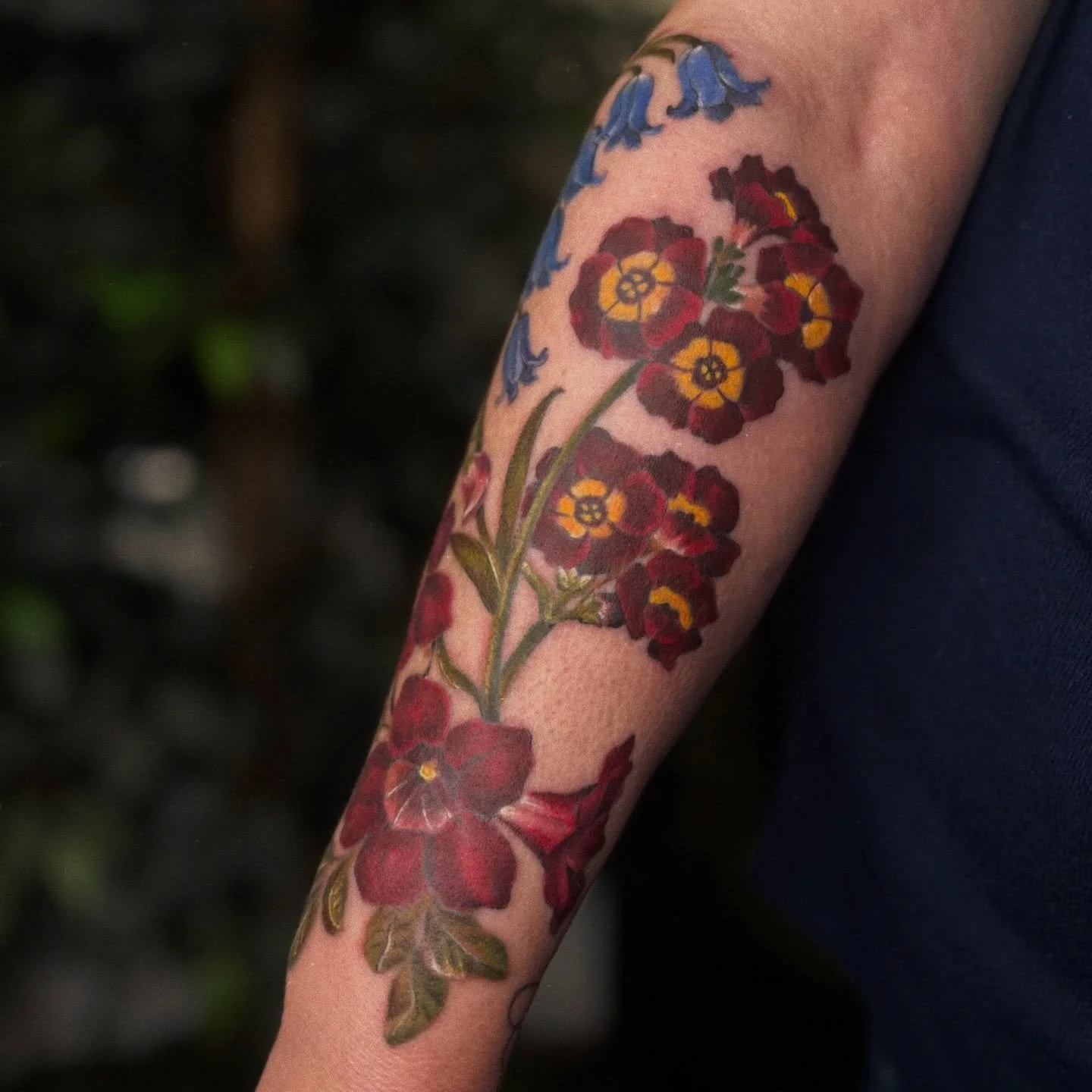Wildflower forearm for Rachel 💐🌞

The three flowers are bluebells, auriculas (aka bear&rsquo;s ears) &amp; mandevilla (aka rocktrumpet), thank you for asking me to do this &amp; for trusting me with the choice of which specific flowers to use @sent