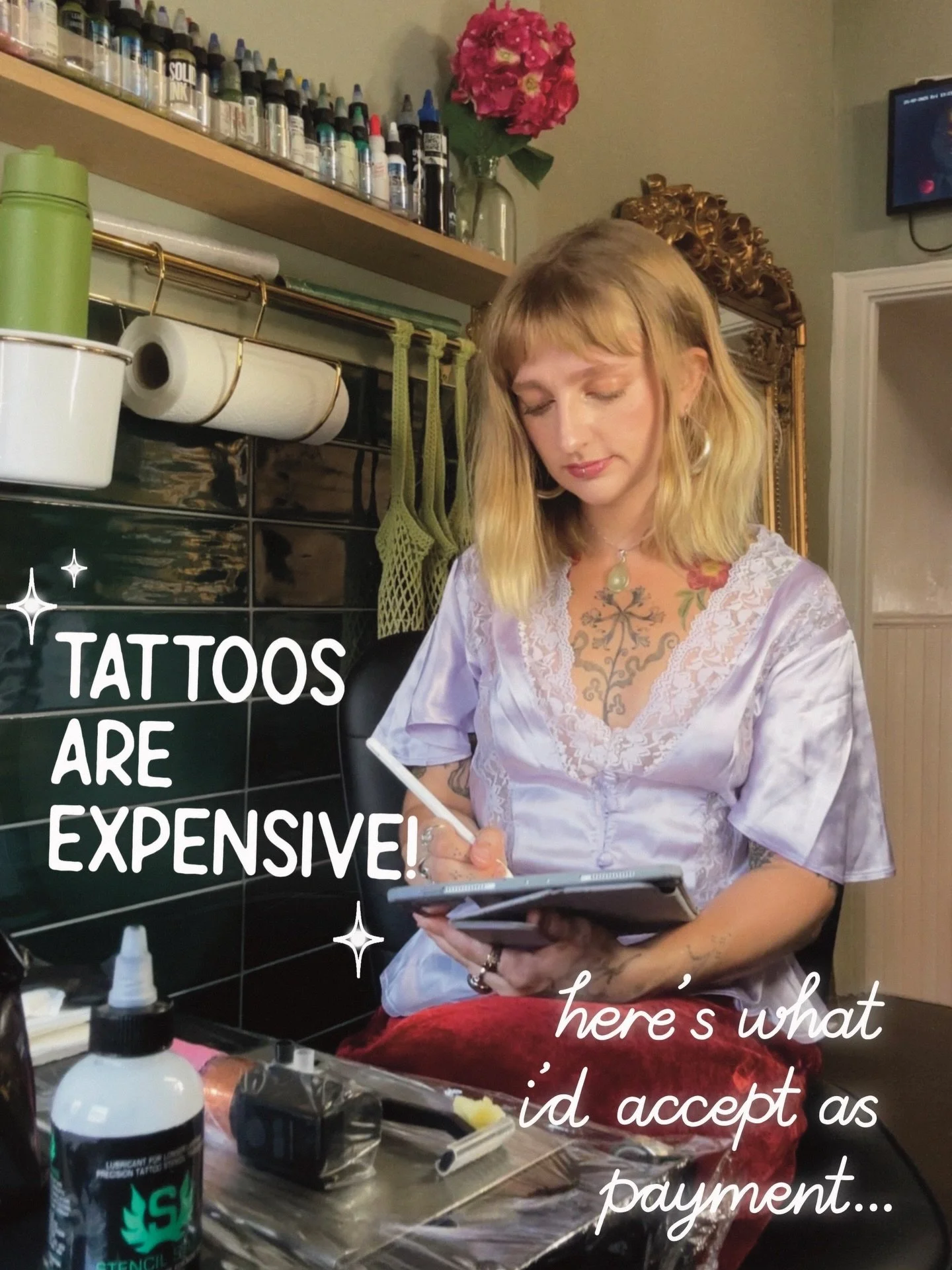 Tattoos are a luxury, here are a handful of things I&rsquo;d accept as payment&hellip;

✤ dog sitting
✤ your art/craft (sterling silver jewellery, knitwear, etc.)
✤ vintage or handmade clothing
✤ physiotherapy or massage appointments 
✤ photography, 