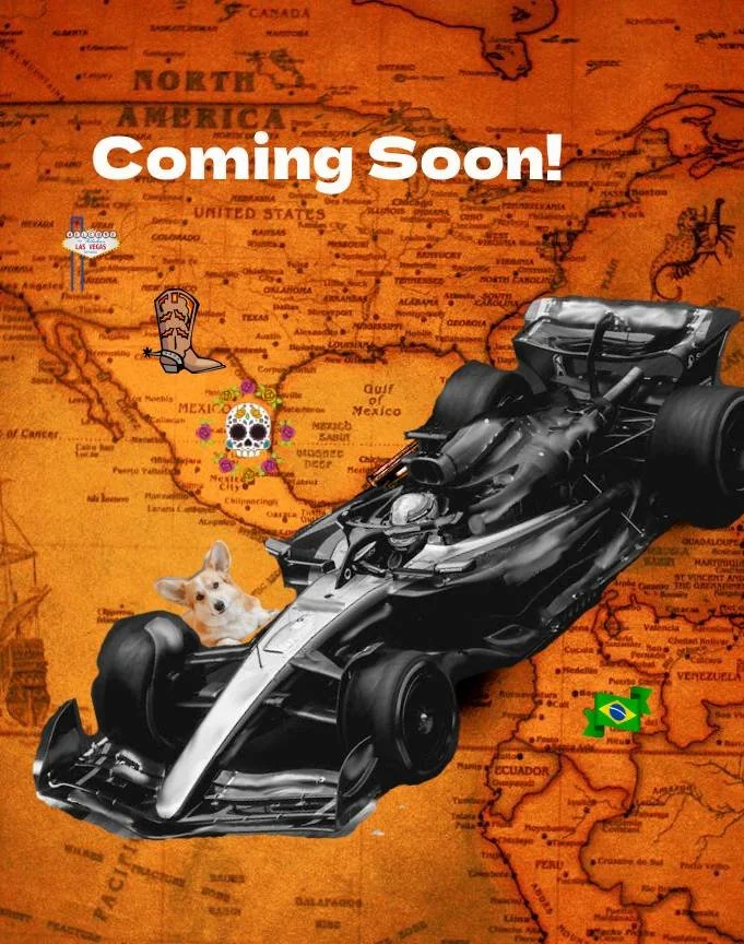 Collage with a black & white F1 style car superimposed over sepia map of southwest