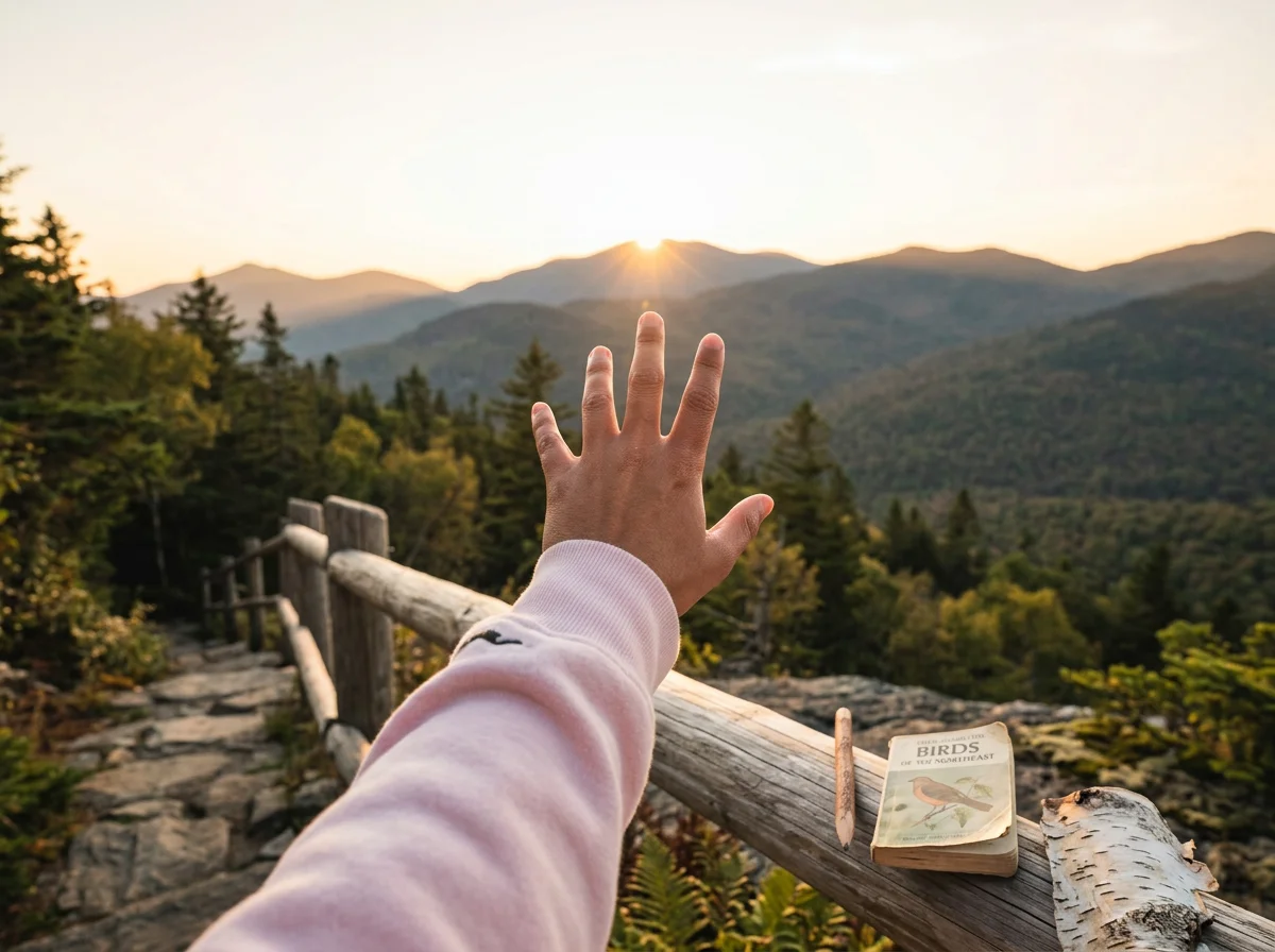 Hiker’s hand reaching toward sunrise over forested mountains, with a bird guidebook on a wooden overlook railing