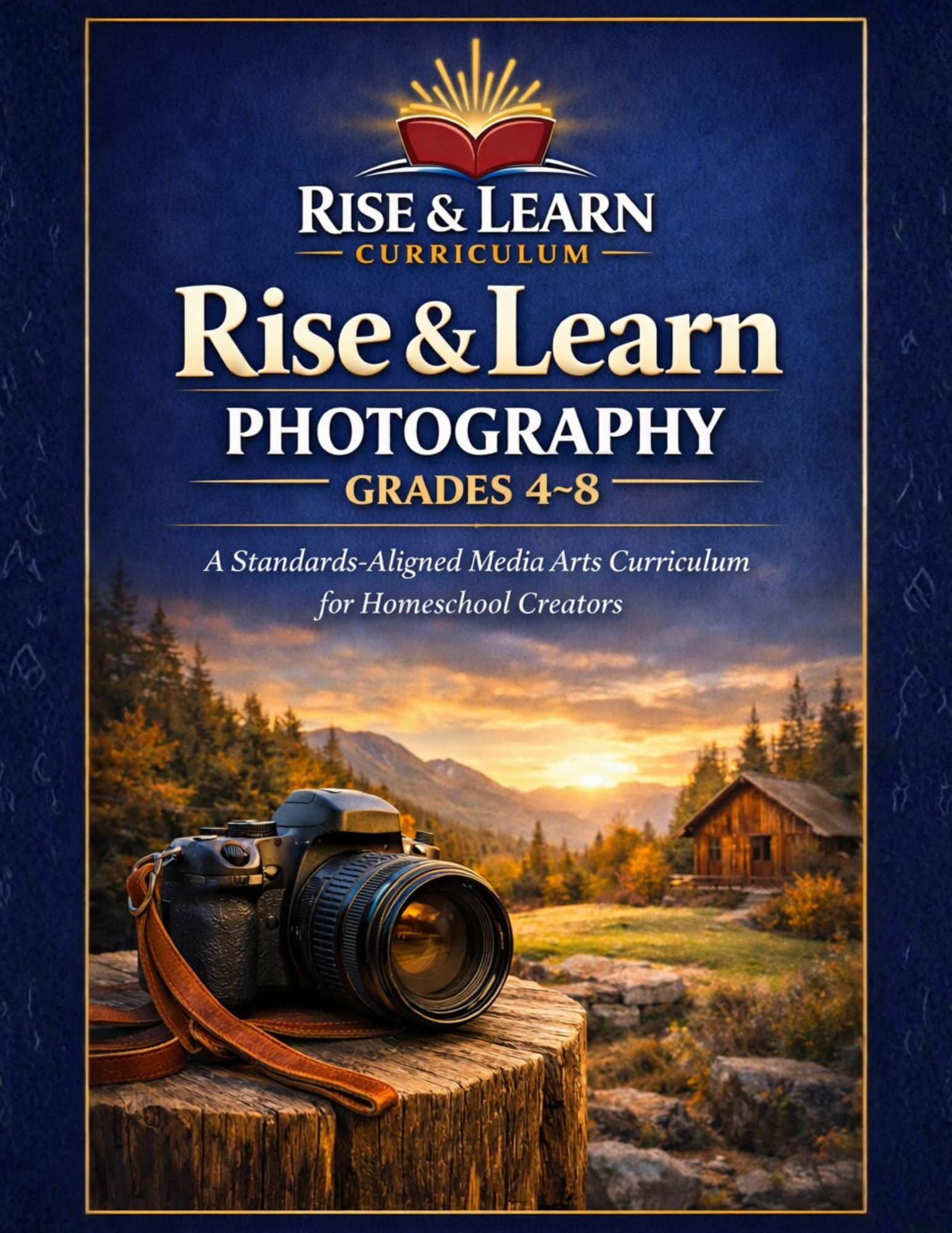 Rise & Learn Photography curriculum cover for grades 4–8, featuring a camera on a tree stump overlooking a mountain cabin at sunset.