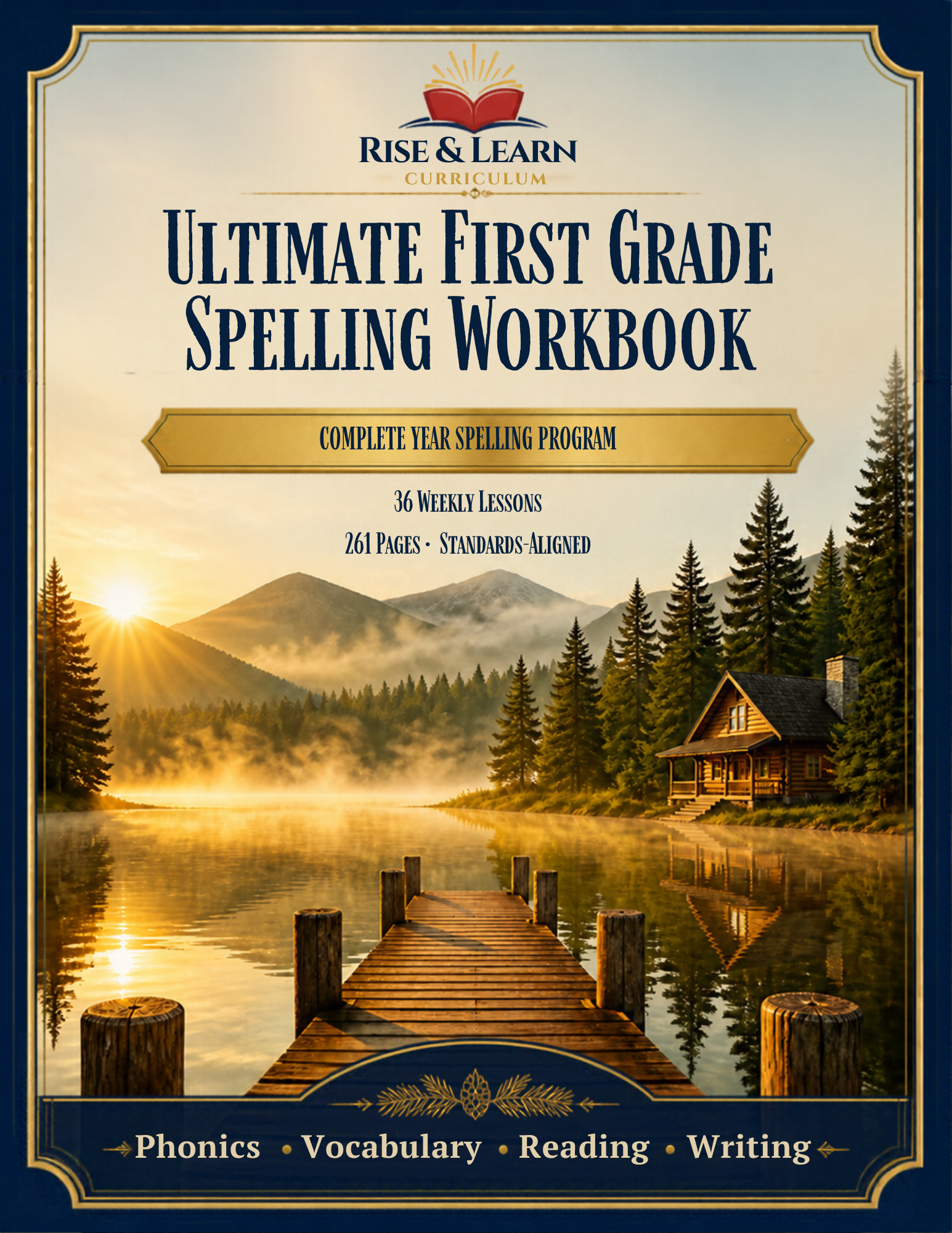Rise & Learn Curriculum Ultimate First Grade Spelling Workbook cover featuring 36 weekly lessons, 261 standards-aligned pages, and phonics, vocabulary, reading, and writing practice over a mountain lake landscape.