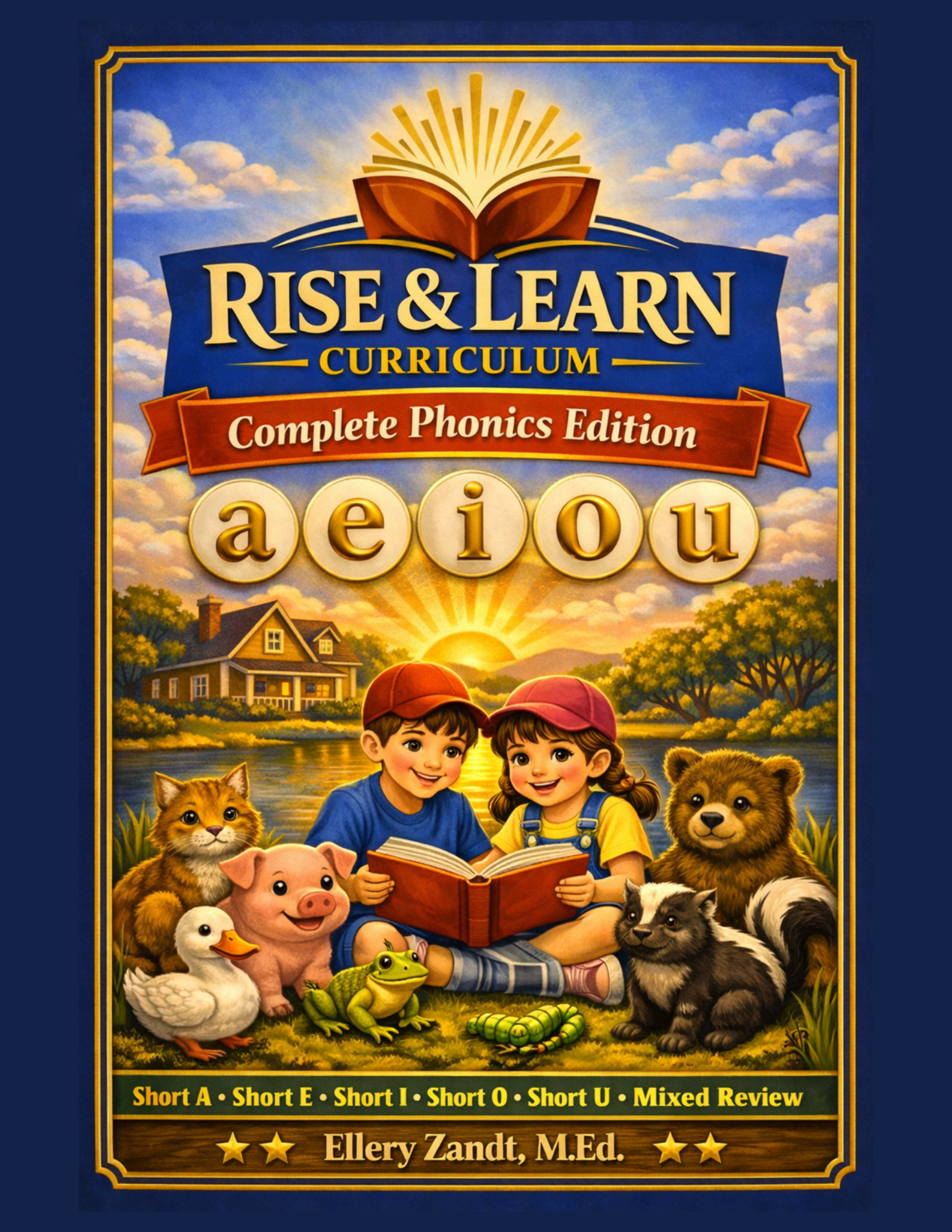 Book cover for 'Rise & Learn Curriculum: Complete Phonics Edition' by Ellery Zandt, M.Ed. Features a sunset scene with children reading among animals including a cat, pig, duck, frog, dog, raccoon, and bear, with a house and trees in the background.