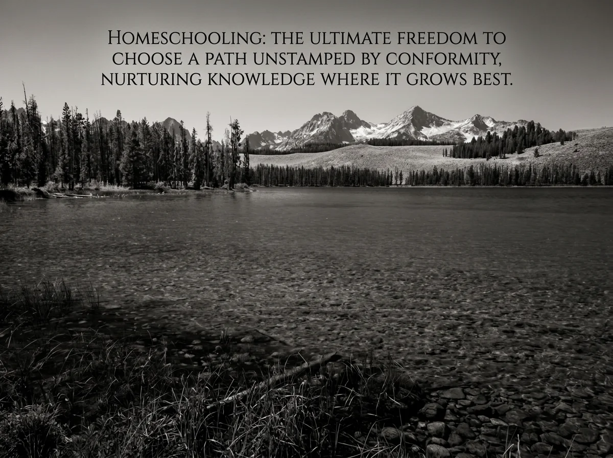 Black-and-white mountain lake landscape with pine trees, rocky shoreline, and text about homeschooling and freedom of choice