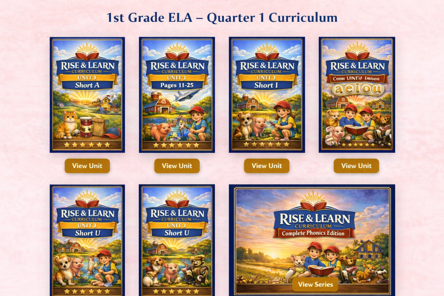 Screenshot of rising and learning curriculum covers for 1st grade ELA quarter 1, featuring colorful illustrations of animals and children, with buttons labeled "View Unit" and "View Series"