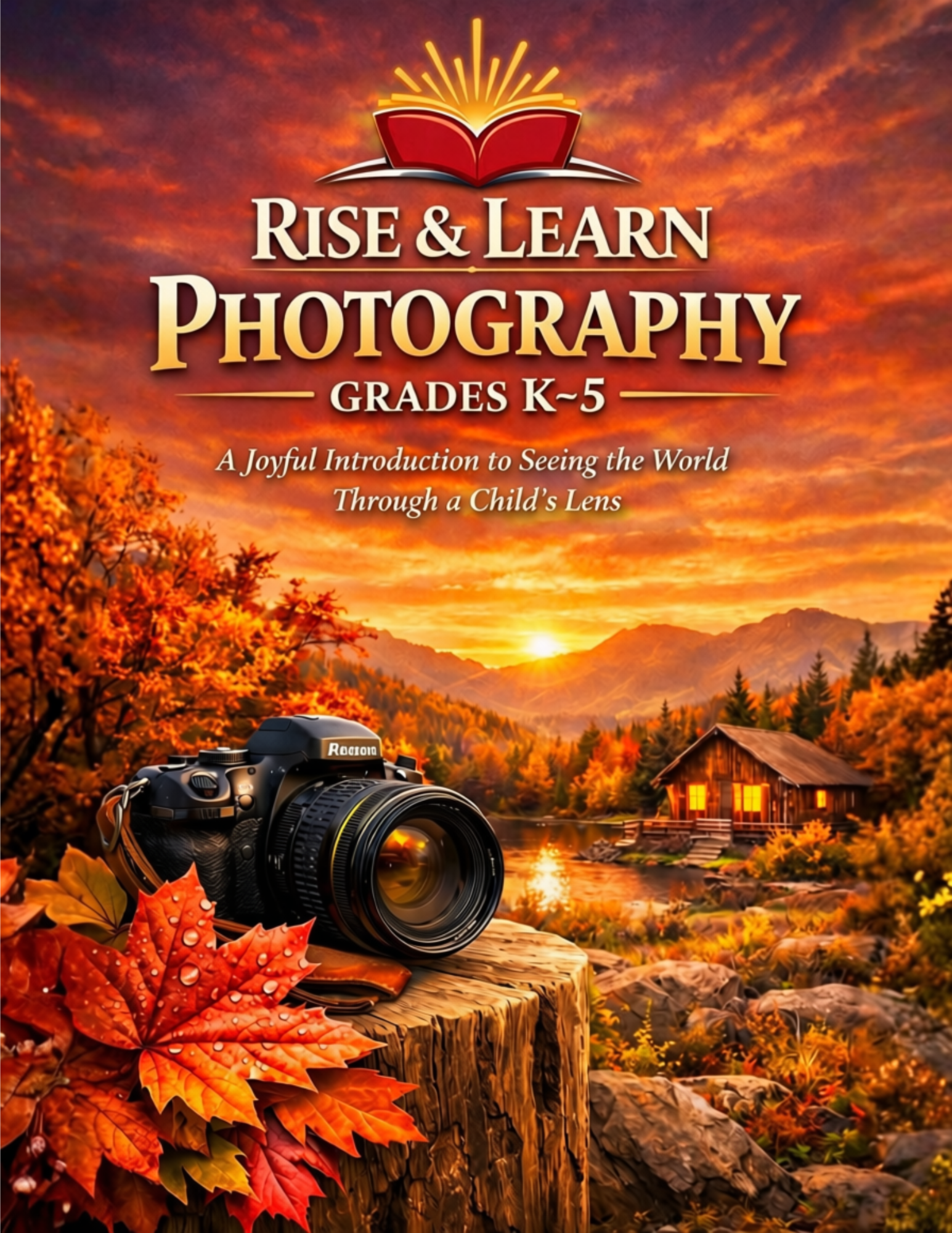 Rise & Learn Photography Grades K–5 book cover featuring a camera, autumn leaves, mountain cabin, sunset, and the tagline “A Joyful Introduction to Seeing the World Through a Child’s Lens.”