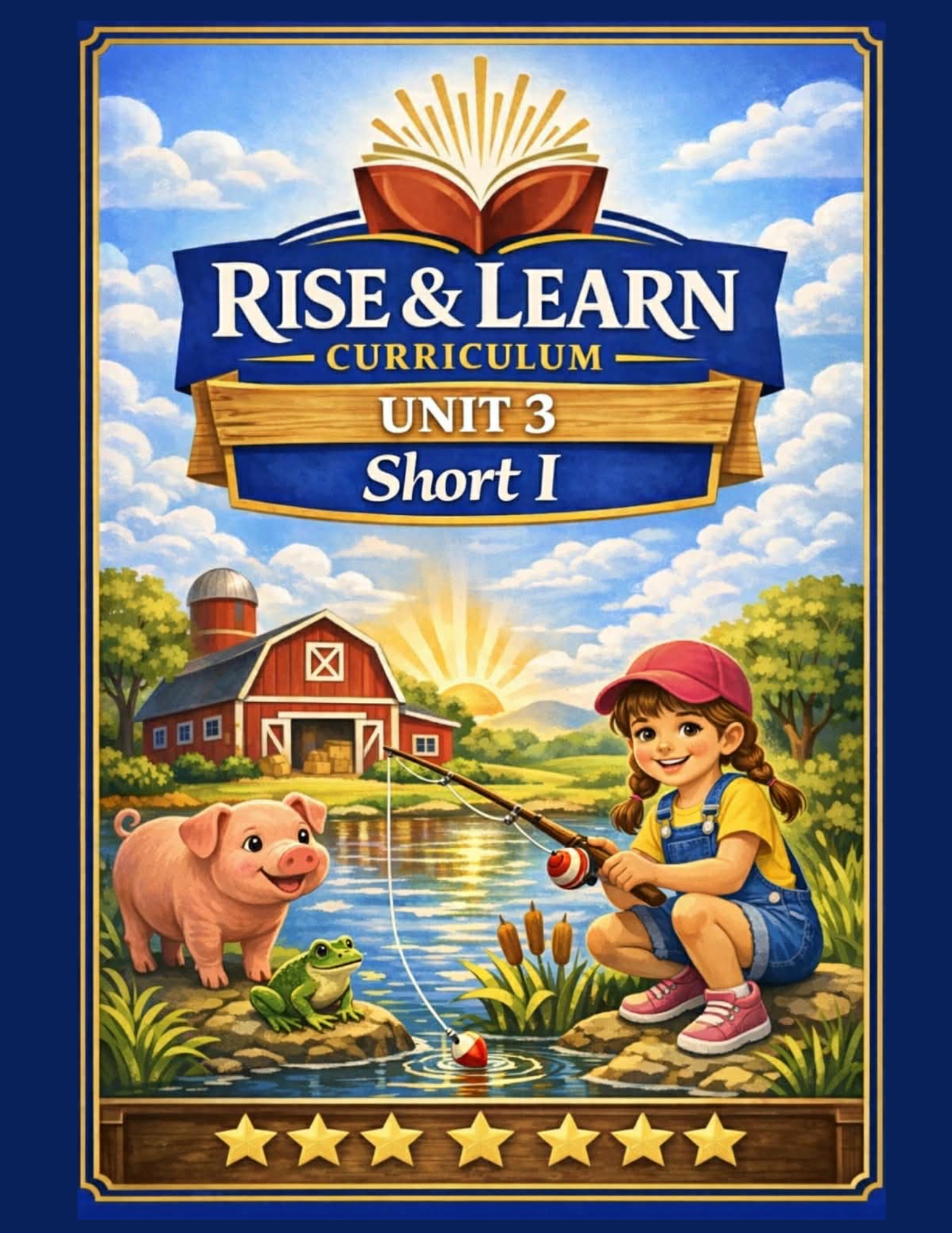 A cover of a children's educational book titled 'Rise & Learn Curriculum, Unit 3, Short I'. The illustration shows a smiling young girl in a pink cap and pink sneakers, sitting by a river, fishing with a fishing rod. Next to her is a cheerful pig, a frog sitting on a rock, and a crocodile in the water. In the background, there is a red barn with a silo, lush green trees, and a sunrise in a partly cloudy sky.