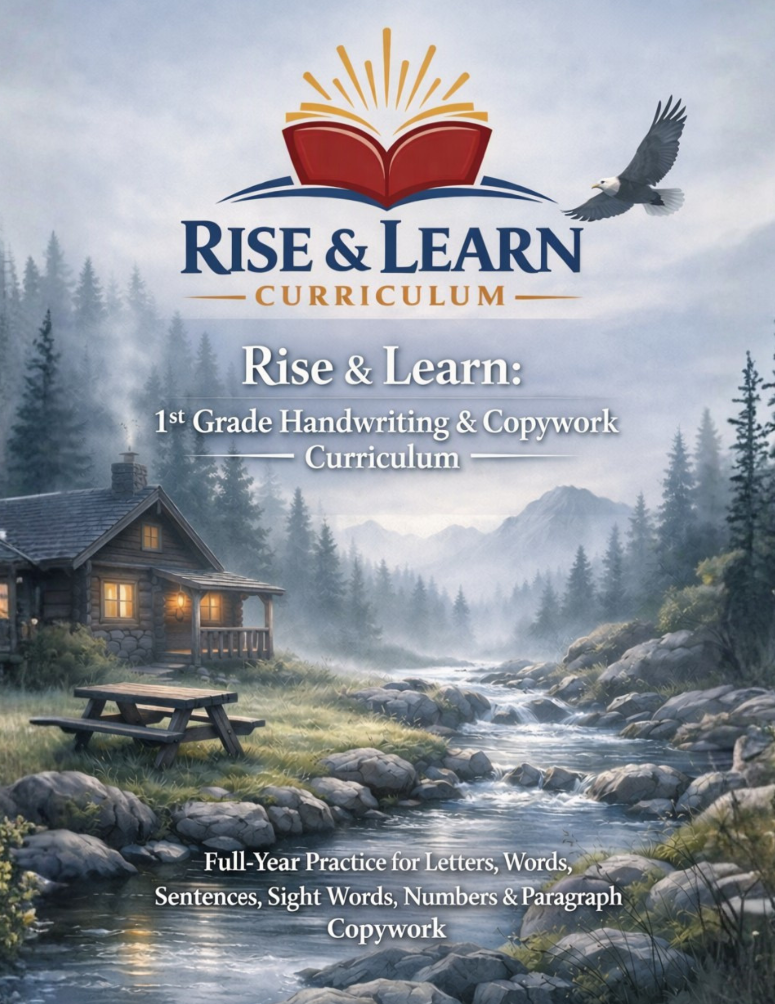 Rise & Learn first-grade handwriting and copywork curriculum cover featuring an open book, flying eagle, cozy cabin, mountain forest, and rushing stream.