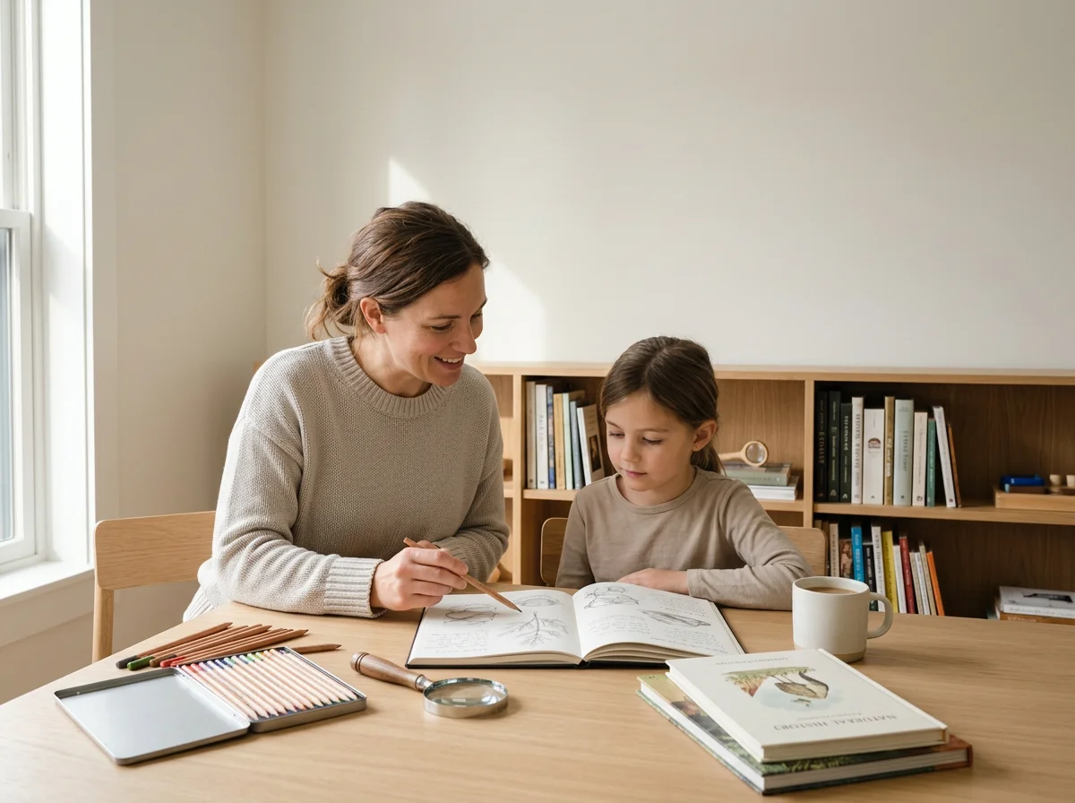 Mother and daughter drawing together at a table with colored pencils, an open sketchbook, books, and a magnifying glass