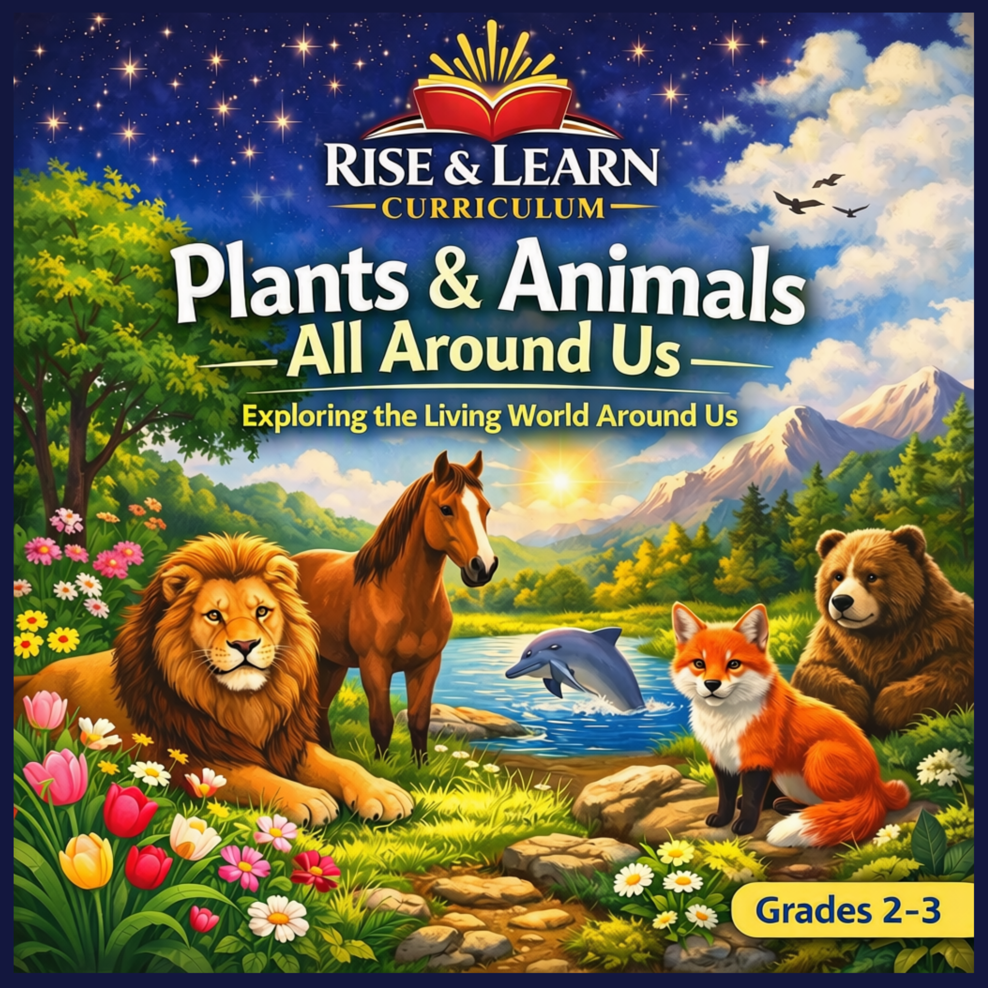 Rise & Learn Curriculum Grades 2–3 cover titled “Plants & Animals All Around Us,” featuring a lion, horse, dolphin, fox, and bear in a colorful mountain landscape with flowers and a starry sky.