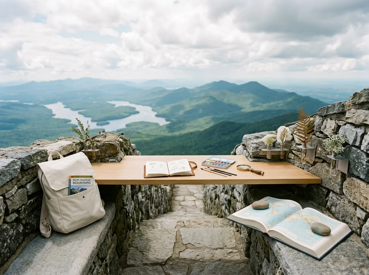 Mountain overlook with a stone terrace, wooden desk, hiking backpack, open map, notebook, art supplies, and panoramic lake and mountain views
