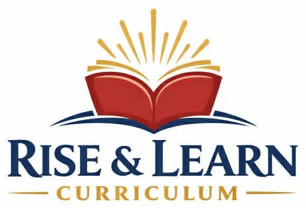 Rise & Learn Curriculum logo featuring an open red book with golden rays and navy text