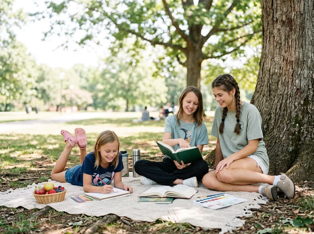 Three girls reading and drawing together on a picnic blanket beneath a large tree in a park