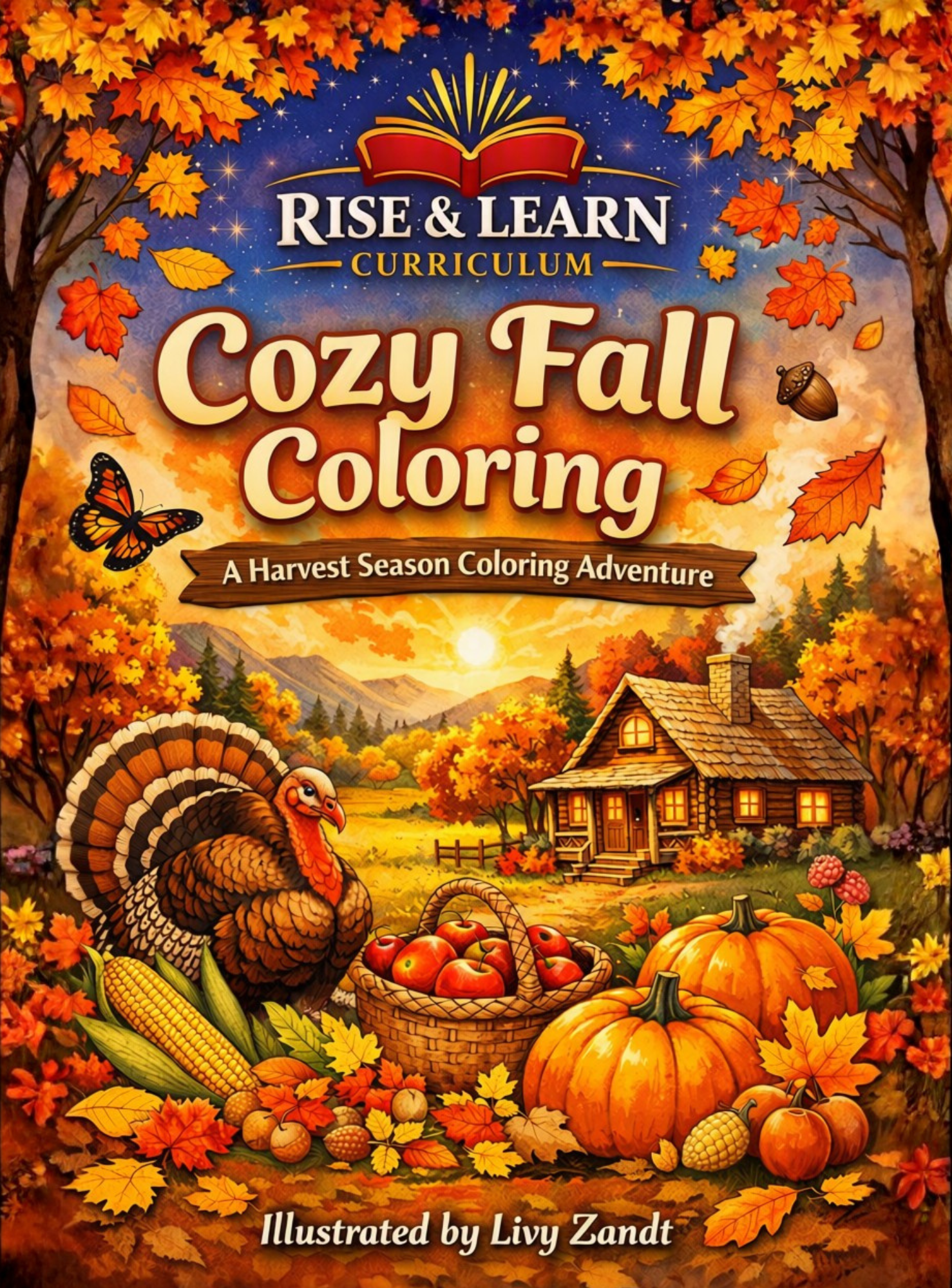 Cozy Fall Coloring book cover featuring autumn leaves, a turkey, pumpkins, apples, corn, and a cabin beneath the title "Rise & Learn Curriculum."