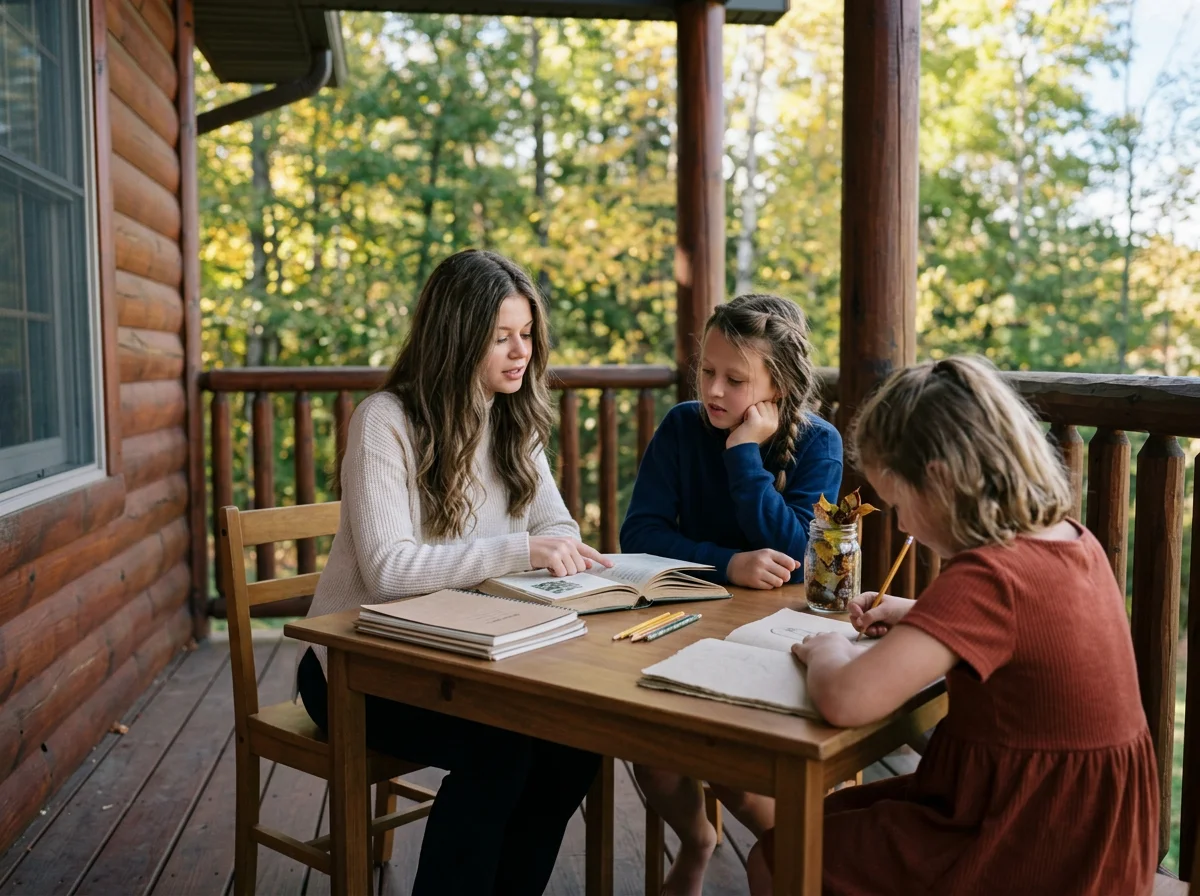 Three girls studying and drawing at a table on a log cabin porch surrounded by trees