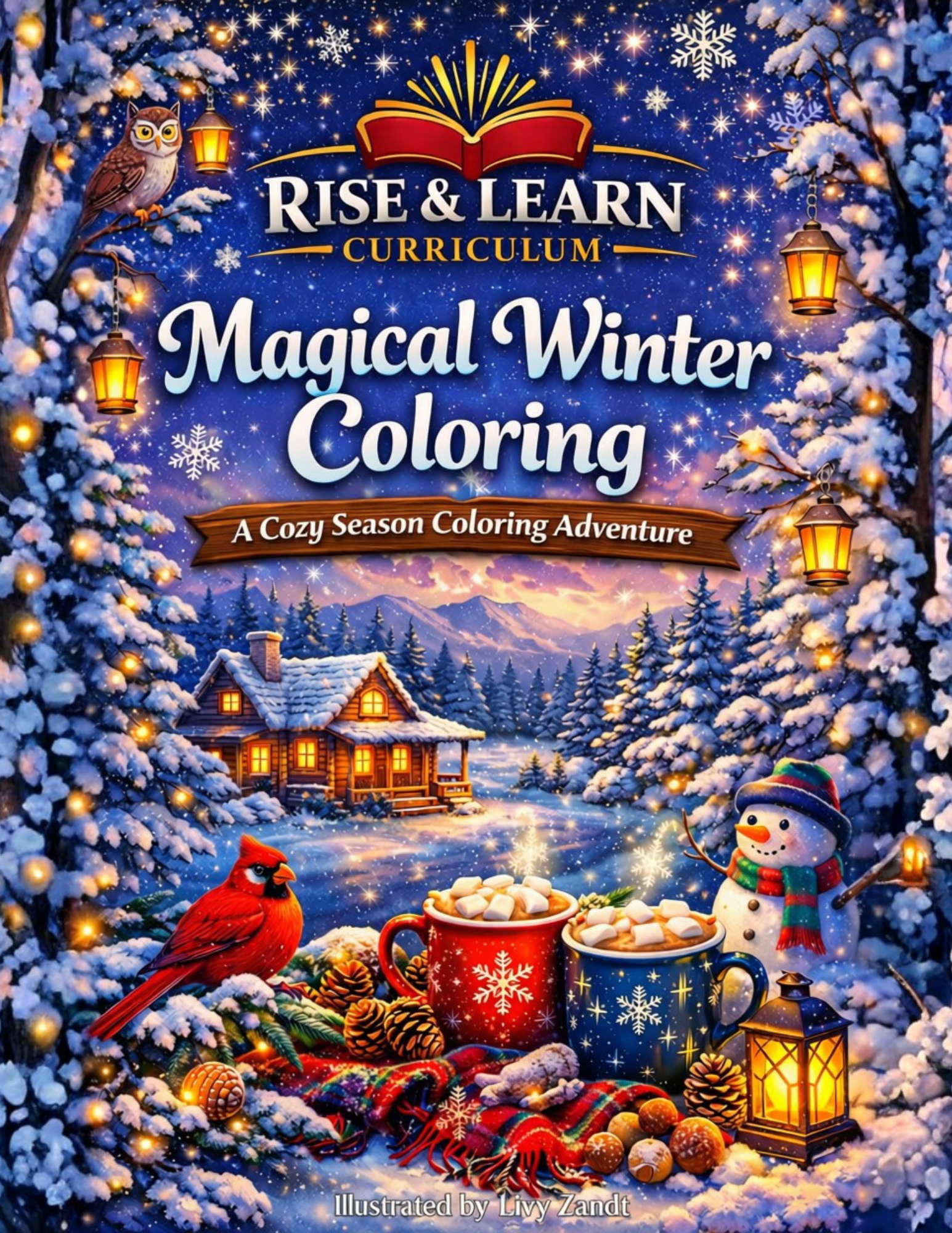Magical Winter Coloring cover featuring a snowy forest cabin, owl, cardinal, snowman, lanterns, hot cocoa, and text reading “Rise & Learn Curriculum.”