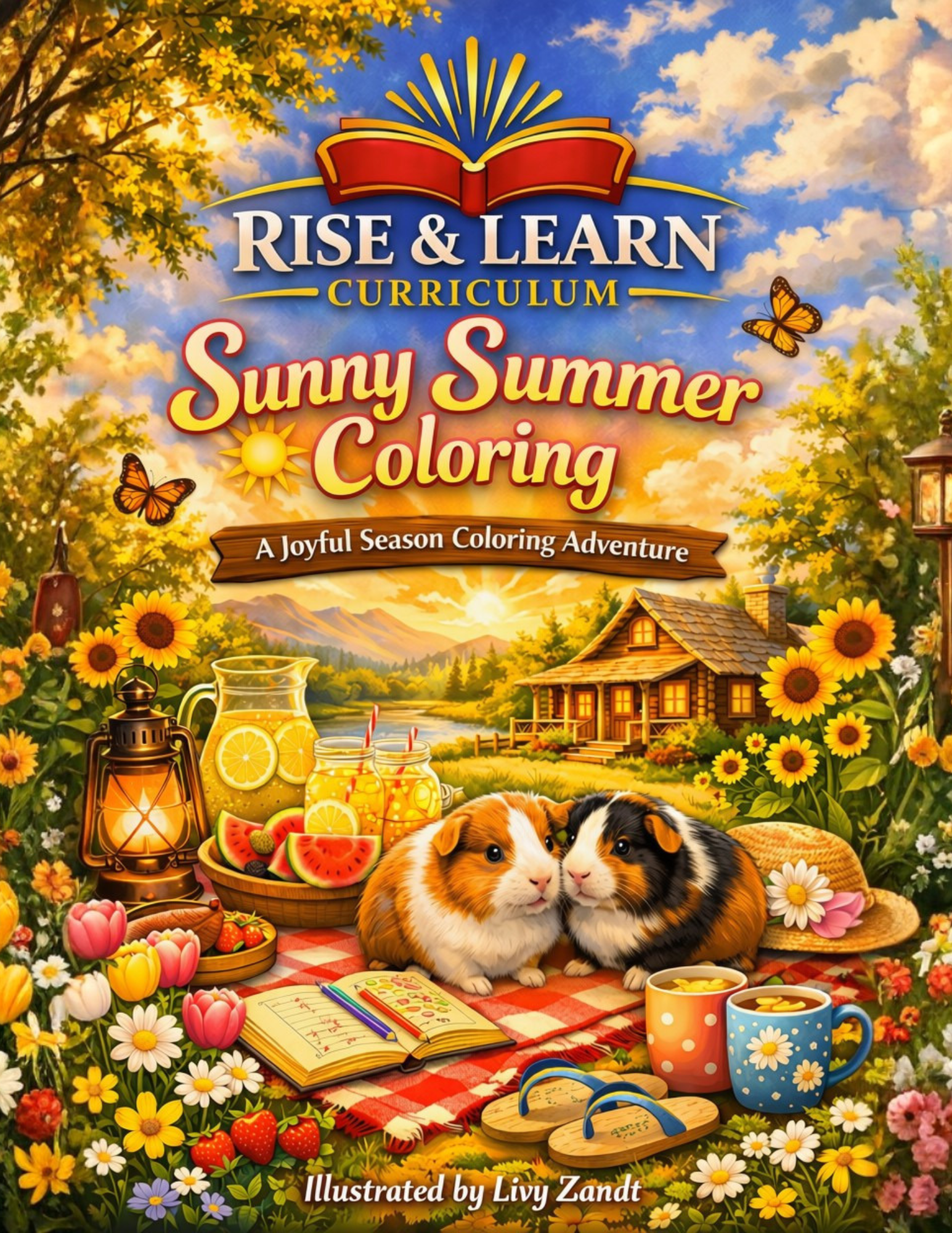 Sunny Summer Coloring cover featuring two guinea pigs at a flower-filled picnic, lemonade, a cabin, butterflies, and the text “Rise & Learn Curriculum.”