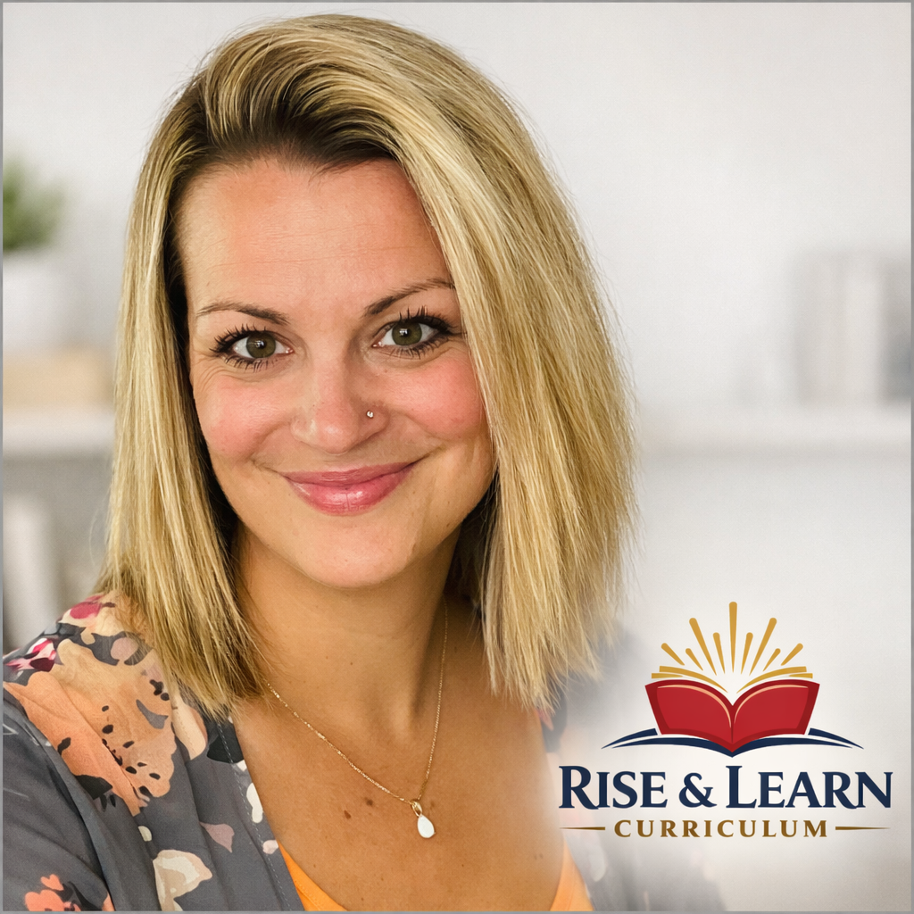 A smiling woman with blonde hair and a nose piercing, wearing a floral top and a necklace, with the Rise & Learn Curriculum logo in the bottom right corner.