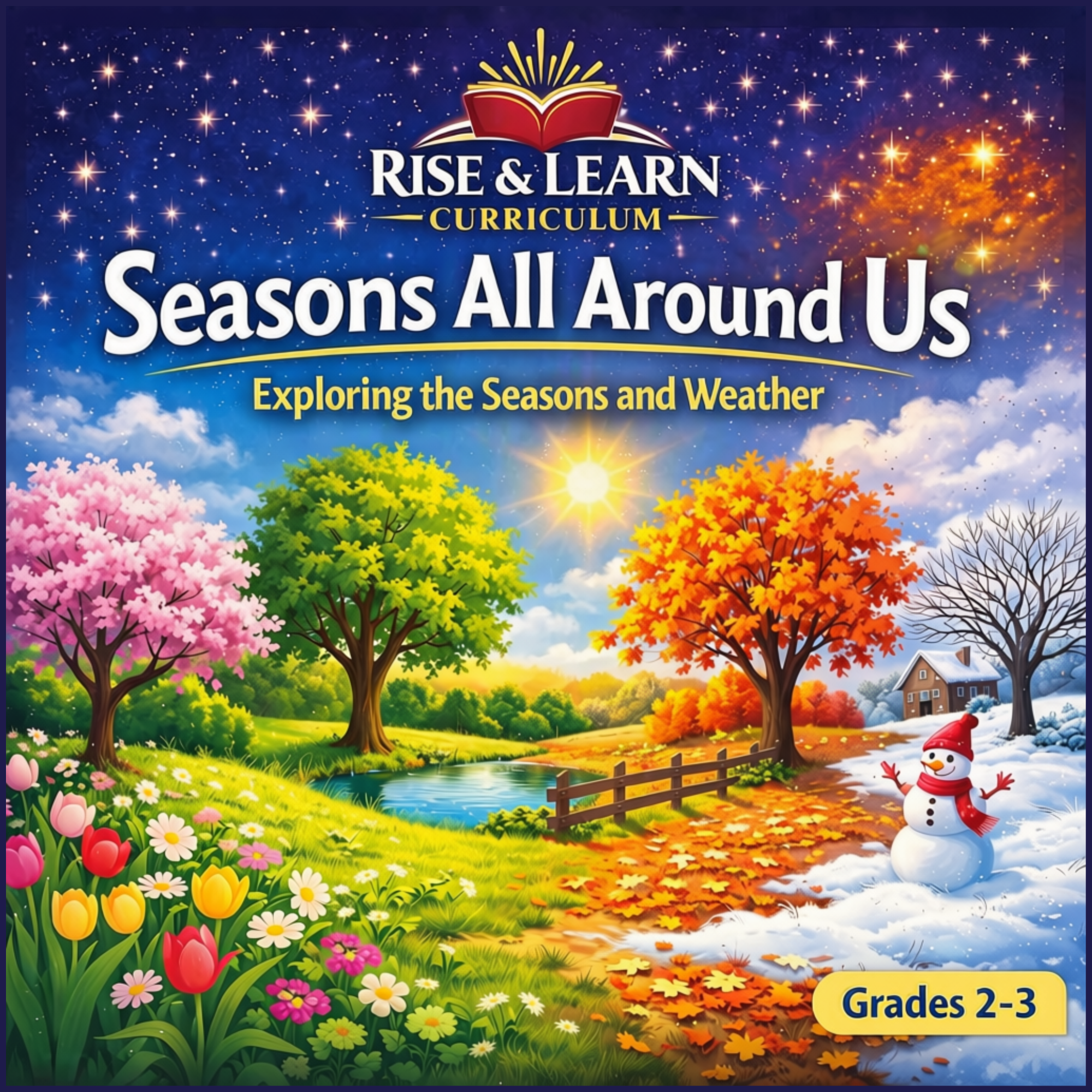 Rise & Learn Curriculum “Seasons All Around Us” Grades 2–3 cover showing spring, summer, fall, and winter landscapes with seasonal trees, flowers, snowman, pond, and farmhouse.