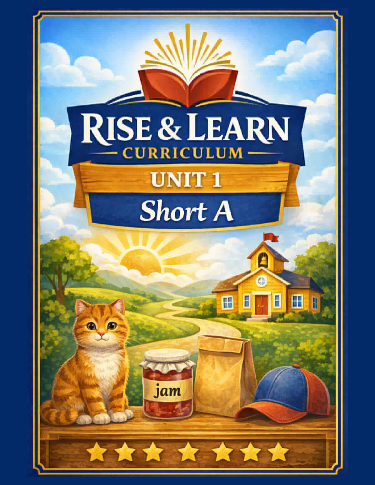 Colorful children’s educational book cover titled "Rise & Learn Curriculum, Unit 1, Short A" with a cartoon illustration of a sunrise, a house, a kitten, a jar of jam, a paper bag, a baseball cap, and a ball on a wooden table.