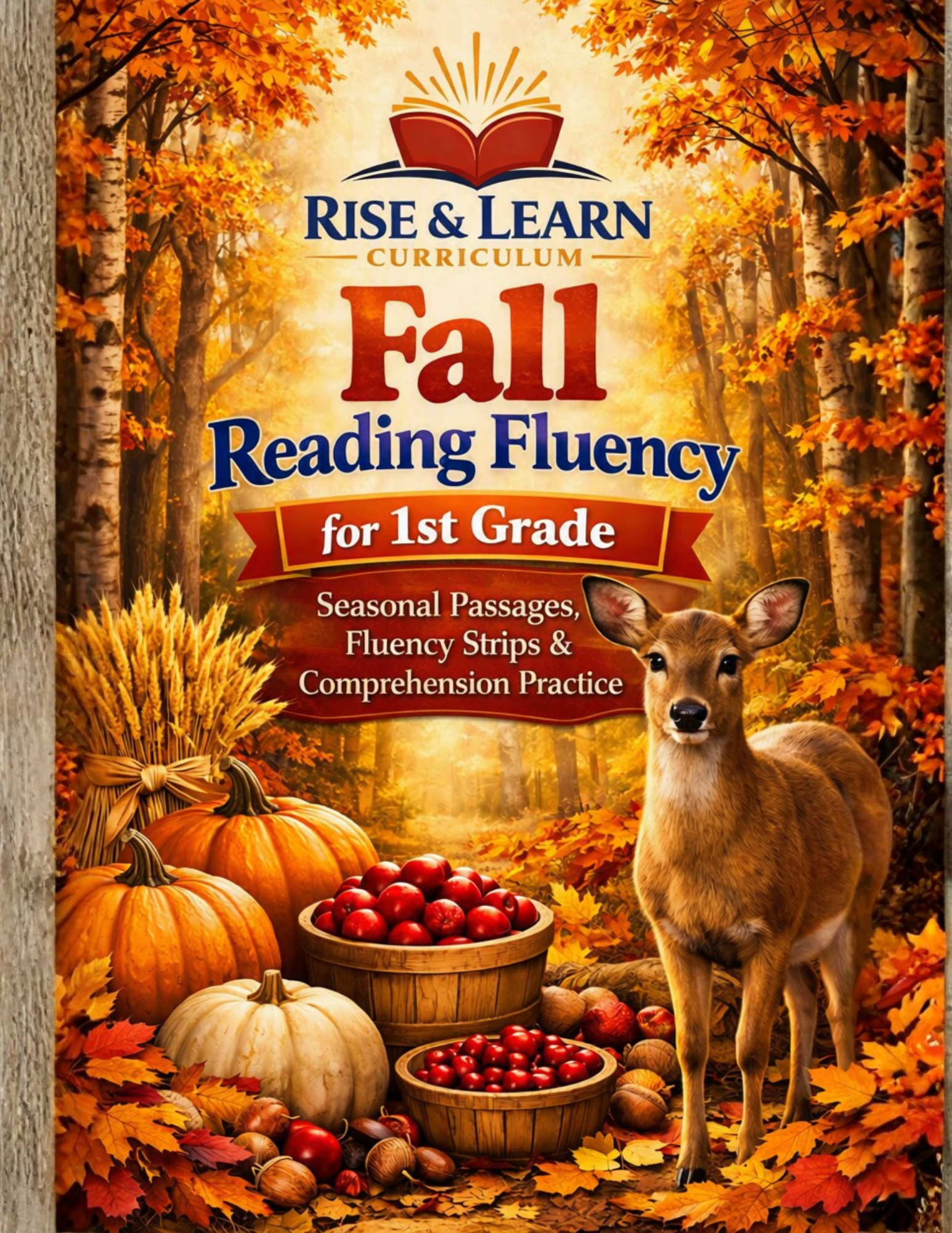Fall Reading Fluency for 1st Grade curriculum cover featuring an autumn forest, pumpkins, cranberries, and a deer