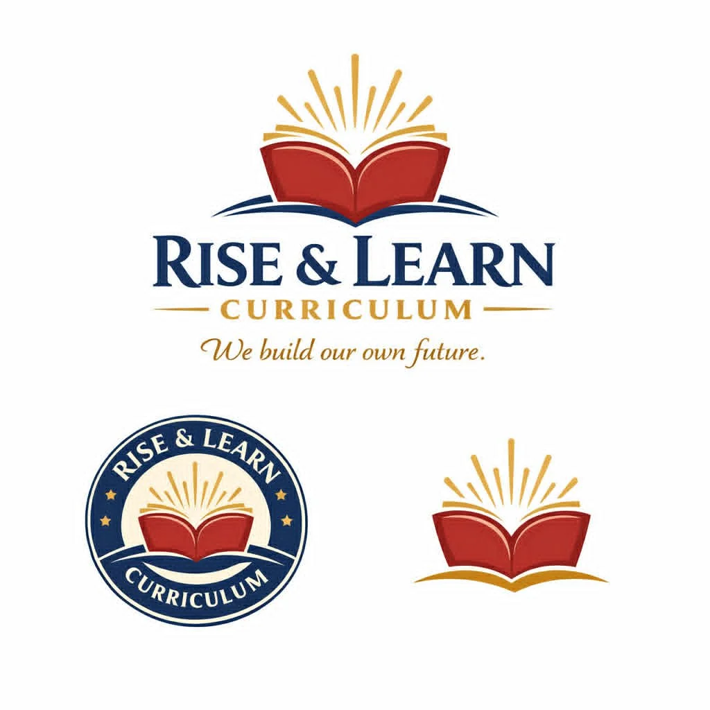 Rise & Learn Curriculum logo featuring an open red book, golden rays, blue waves, and the tagline “We build our own future,” with alternate emblem designs below.