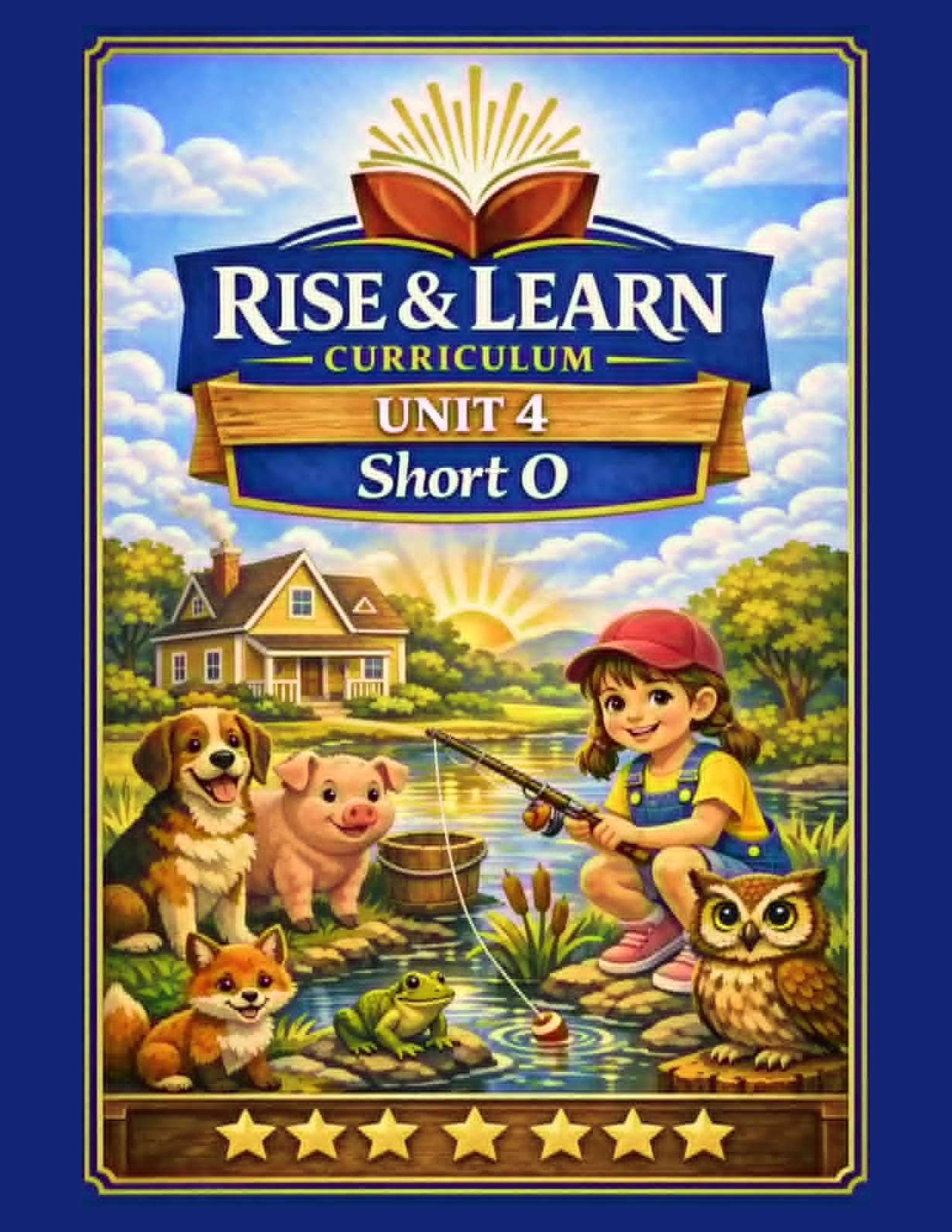 A colorful cartoon cover featuring a young girl fishing by a pond with animals including a dog, pig, frog, owl, and raccoon, with a house, trees, and sunrise in the background, and a five-star rating at the bottom.
