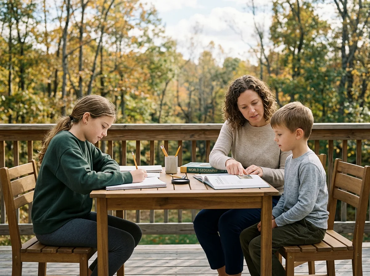 Mother homeschooling two children at a table on a wooded deck during autumn