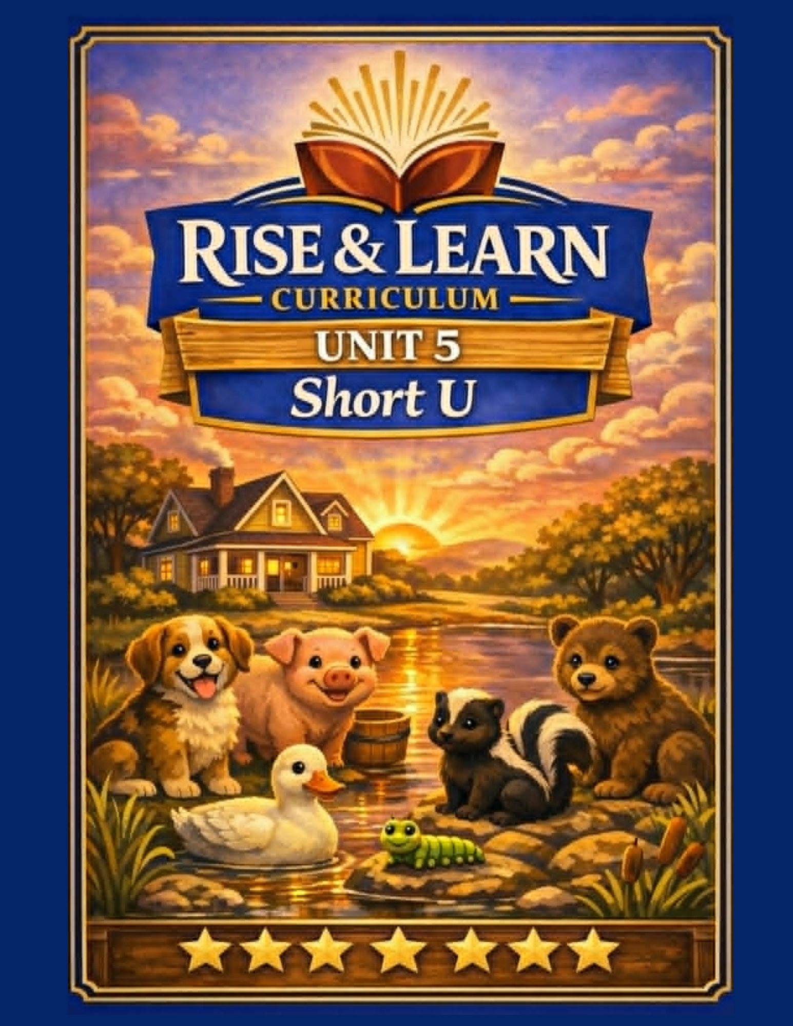 Illustration of a farm scene at sunset with a house, trees, and animals including a dog, pig, duck, cow, goat, and a caterpillar, with a blue border and stars at the bottom.