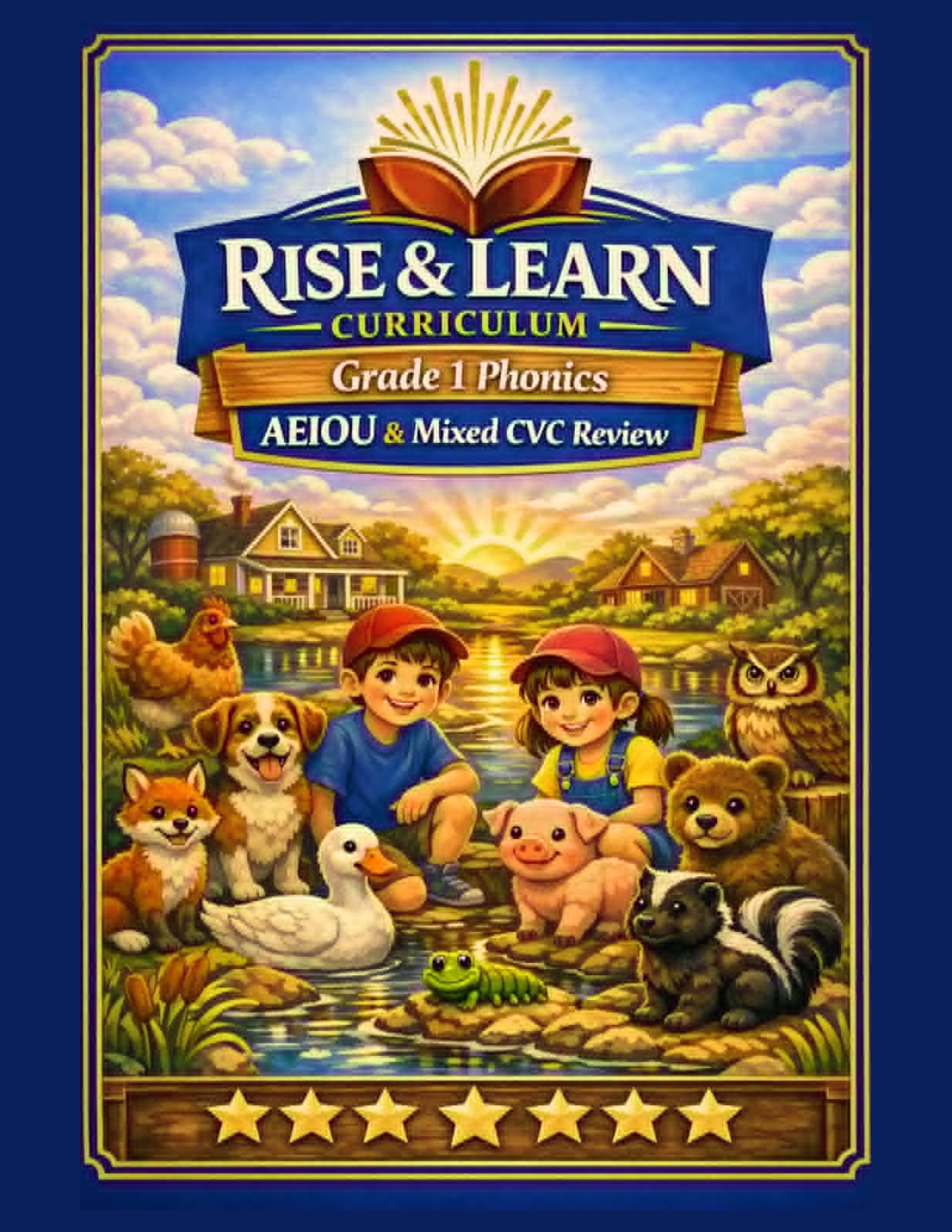 Children with farm animals in front of a lake at sunset, with a house and trees in the background, for a preschool curriculum cover.