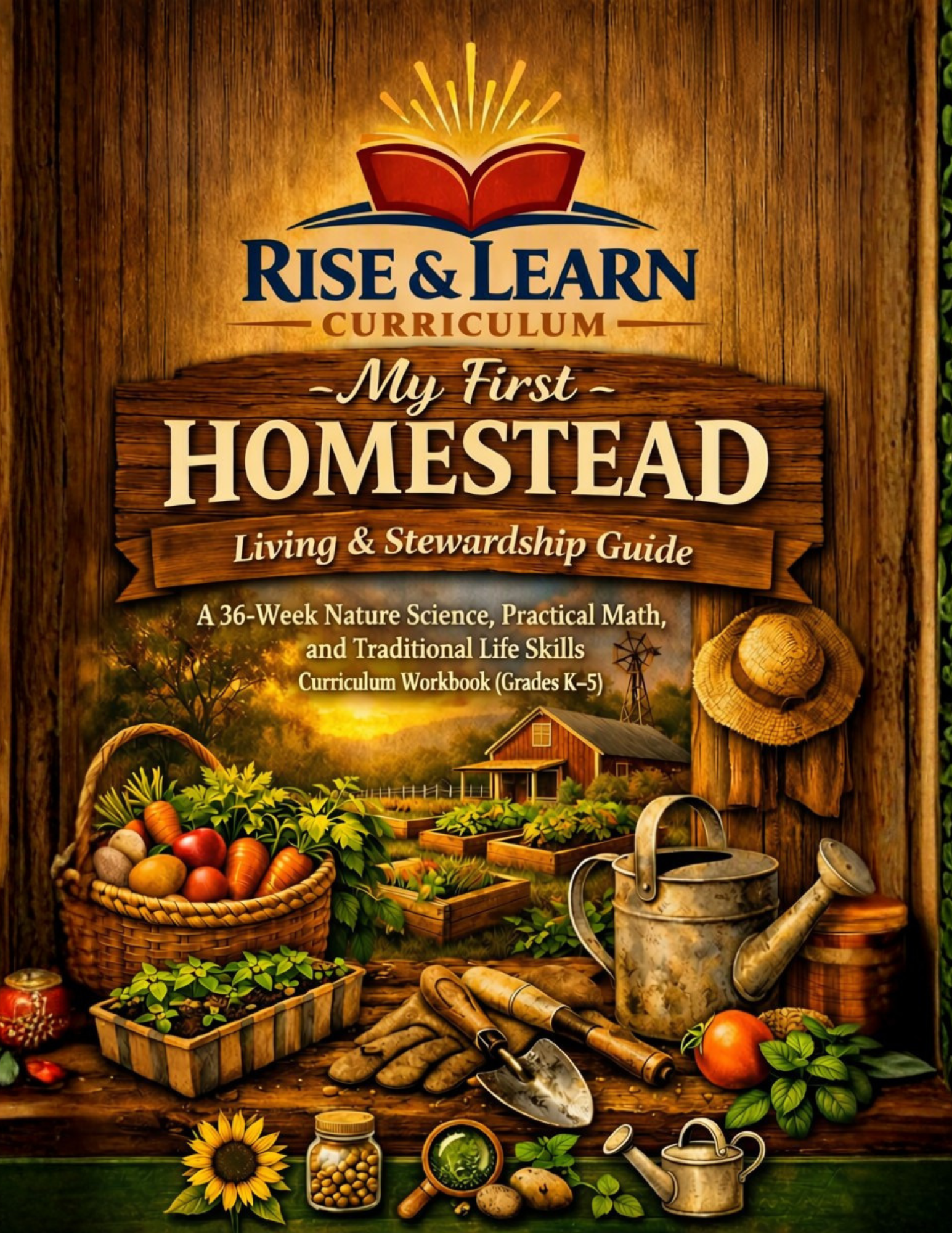 Rise & Learn Curriculum: My First Homestead, a 36-week nature science, practical math, and traditional life skills workbook for grades K–5, illustrated with a farm garden, vegetables, gardening tools, and watering cans.