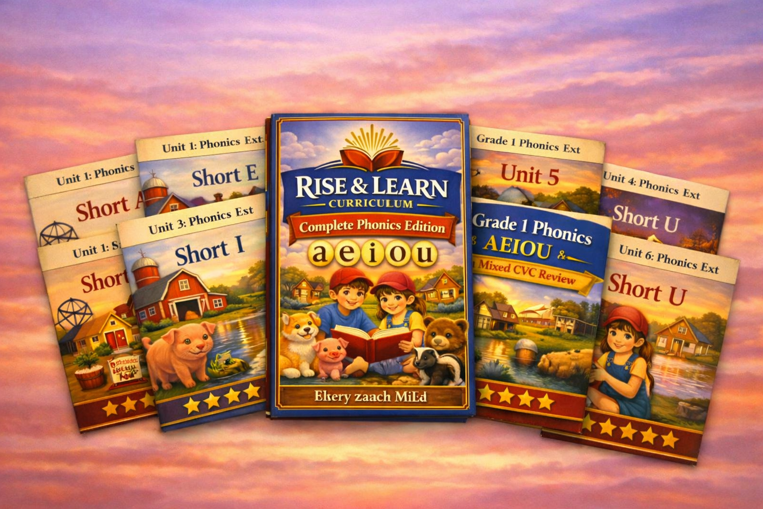 Collection of children's phonics workbooks titled 'Rise & Learn Curriculum Complete Phonics Edition' with colorful illustrations of children, animals, and farm scenes, placed on a pink and purple sunset background.