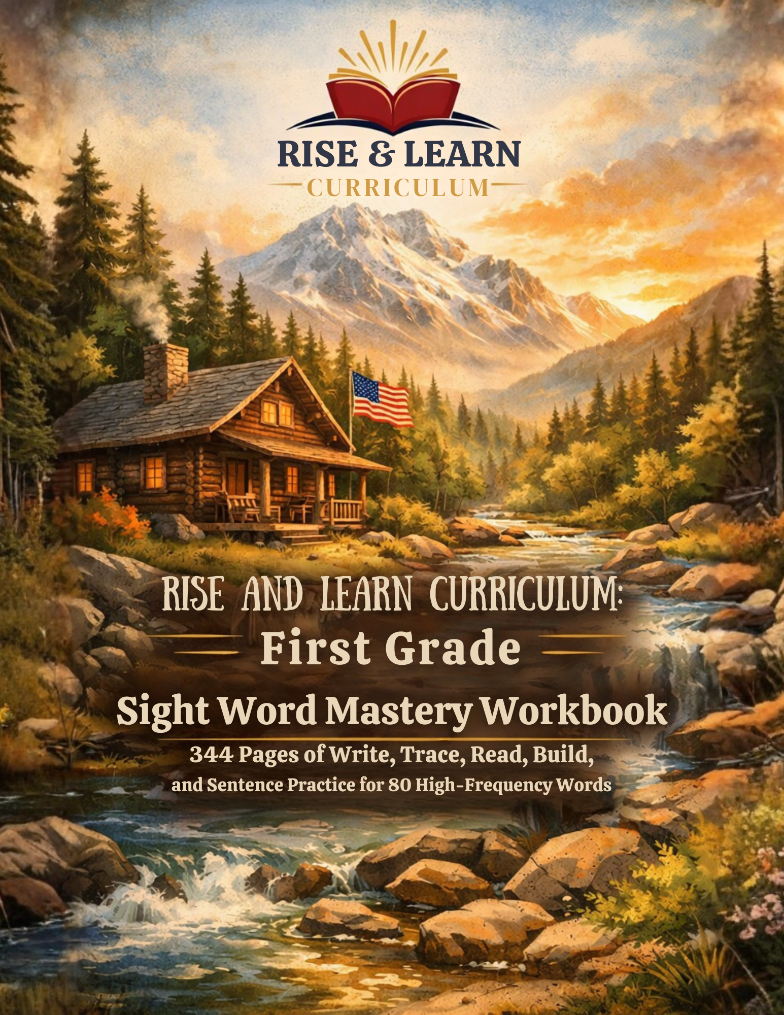 Rise and Learn first-grade sight word mastery workbook cover featuring a log cabin, American flag, forest stream, and snow-capped mountains.