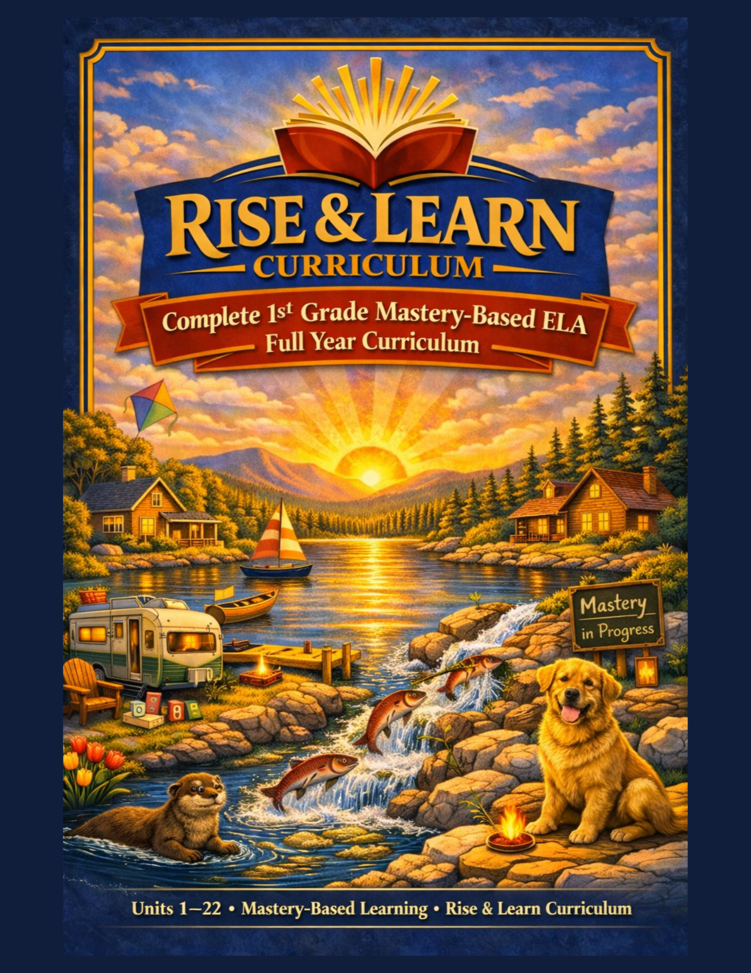Rise & Learn Curriculum cover for a complete first-grade mastery-based ELA curriculum, illustrated with an open book, mountain lake, cabins, sailboat, waterfall, dog, otter, and fish.
