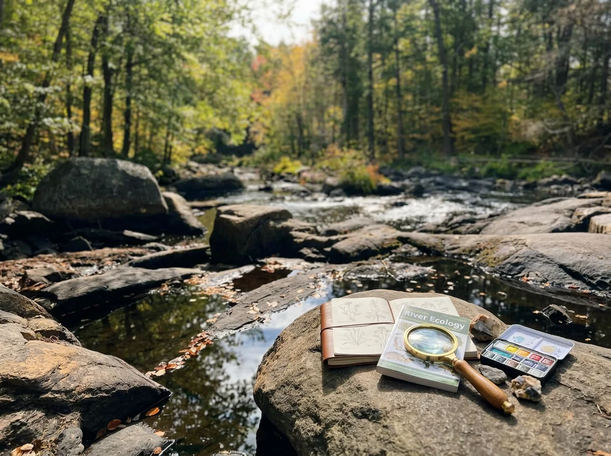 Field guide, nature journal, magnifying glass, watercolor palette, and rocks on a rock beside a forest stream