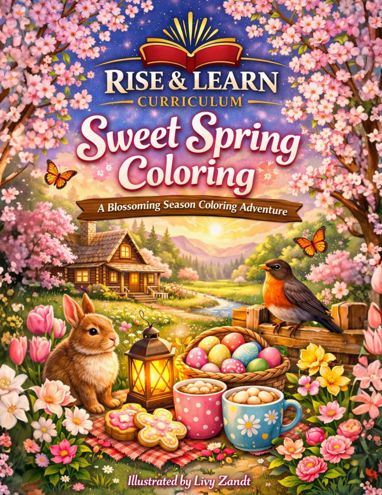 Sweet Spring Coloring book cover with cherry blossoms, cabin, rabbit, robin, butterflies, decorated eggs, teacups, cookies, and the text “Rise & Learn Curriculum.”