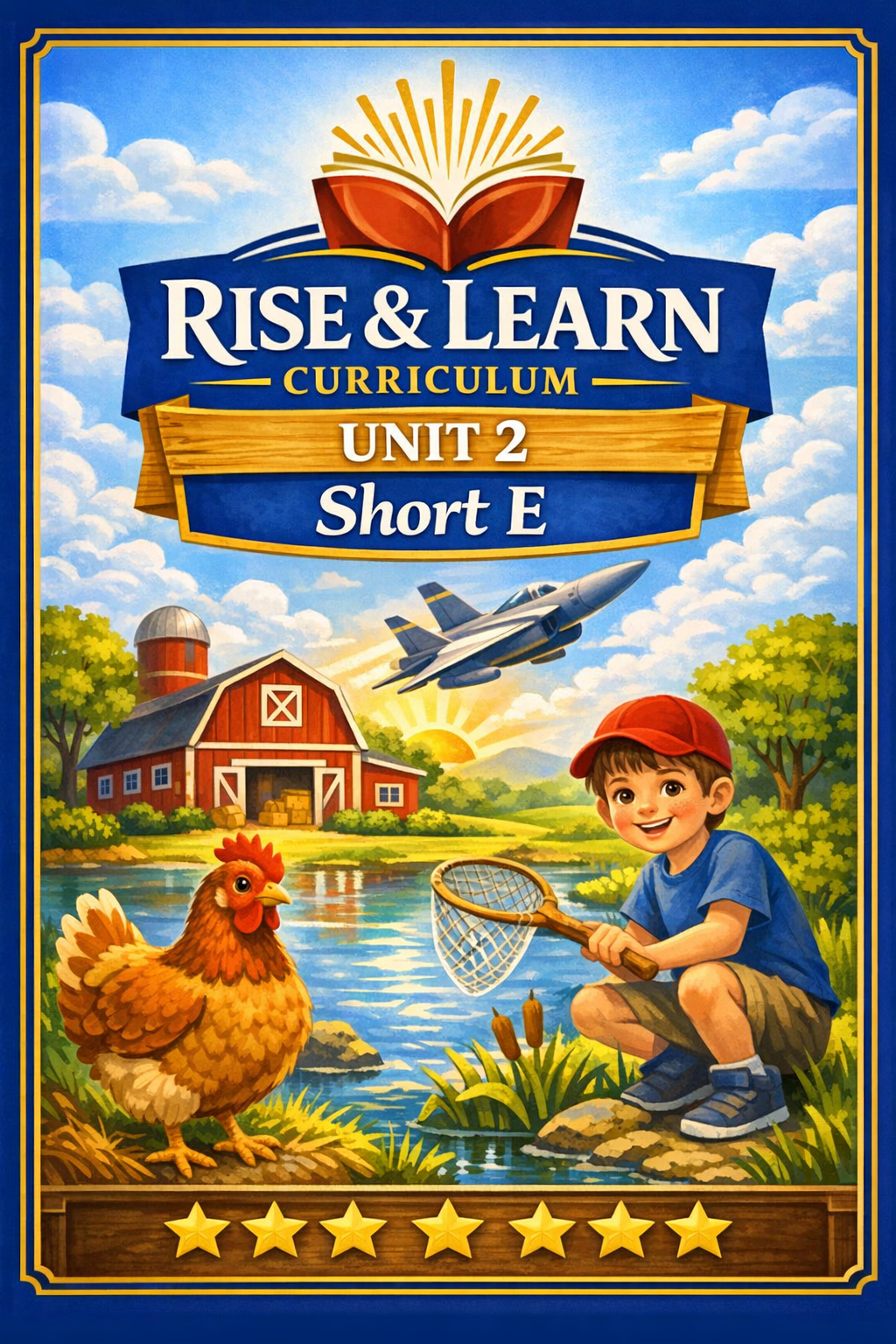 Colorful educational book cover featuring a boy with a net, a chicken, a red barn, a river, trees, and a jet flying in the sky, titled 'Rise & Learn Curriculum Unit 2 Short E'.