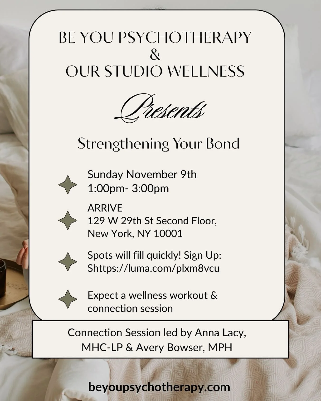 We are so excited to announce another awesome event with @ourstudio_wellness with this time focusing on Couples! On November 9th, couples will be invited for a meditation &amp; partner yoga with @justineforwellness and a therapist- guided conversatio