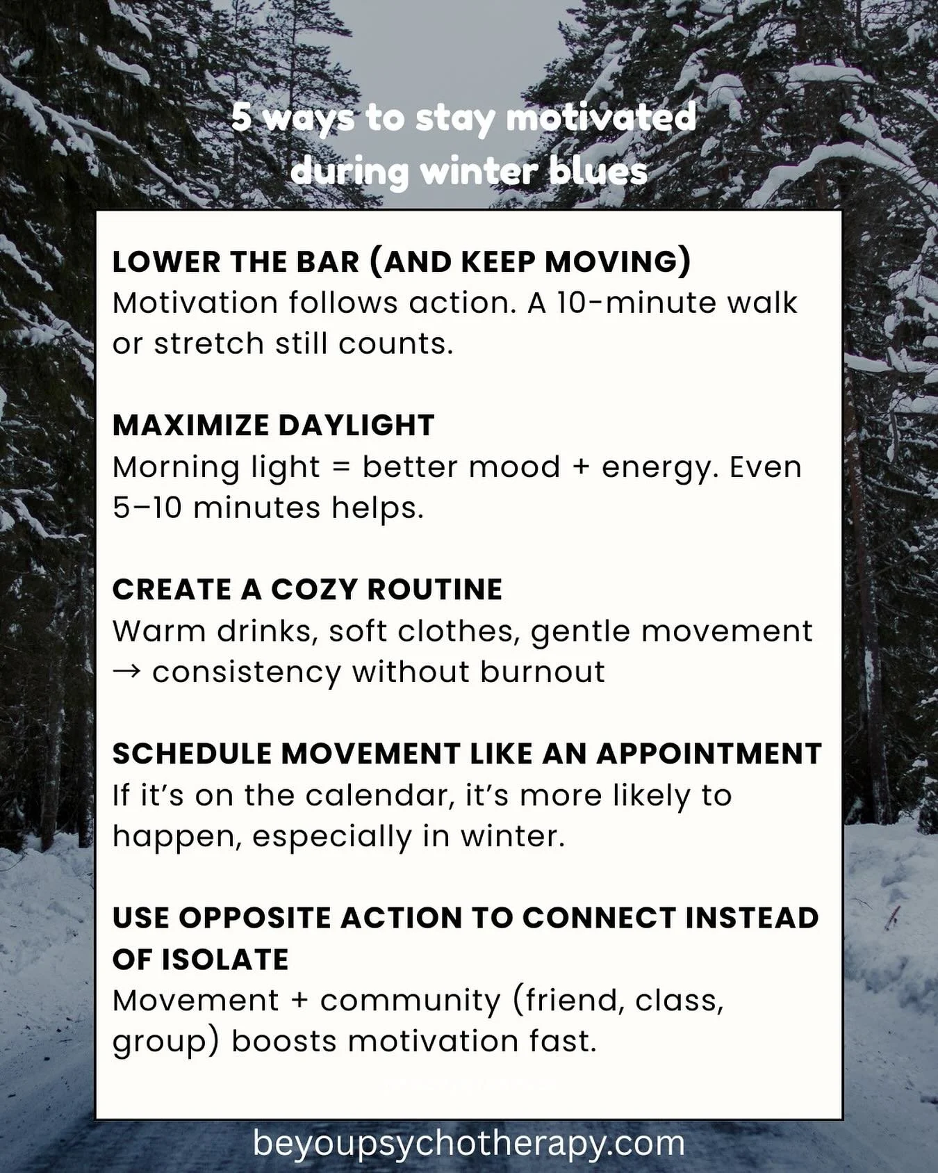 Stay warm Be You Community, the winter blues are real! ❄️🧤🧣 if you need more support in how to stay motivated during the winter time reach out to beyoupsychotherapy.com and we will be happy to help