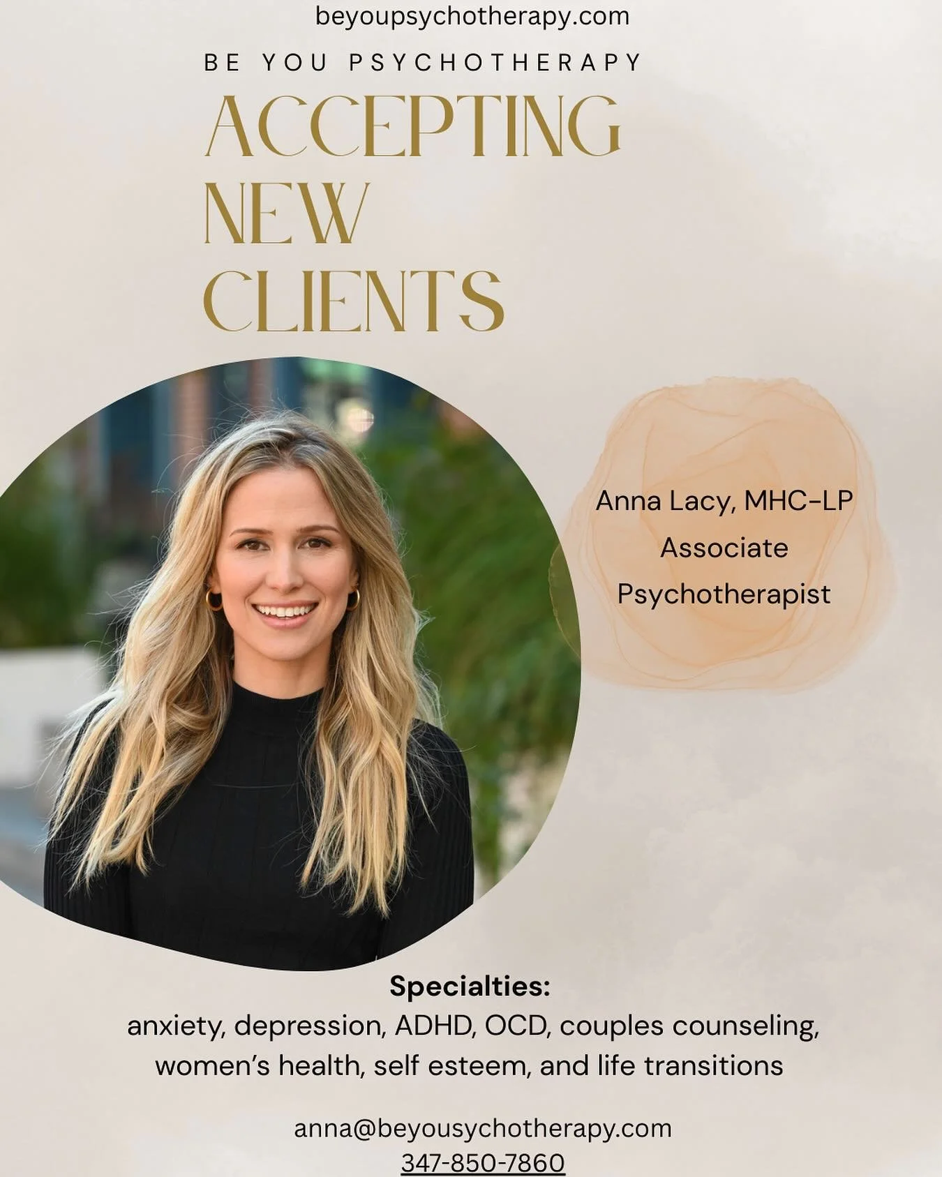 Looking for a therapist? Anna Lacy, Associate Psychotherapist at Be You Psychotherapy is currently accepting new clients! Interested? Sign up for a 15 minute phone consultation to see if you are a good fit for Anna through this link: www.beyoupsychot