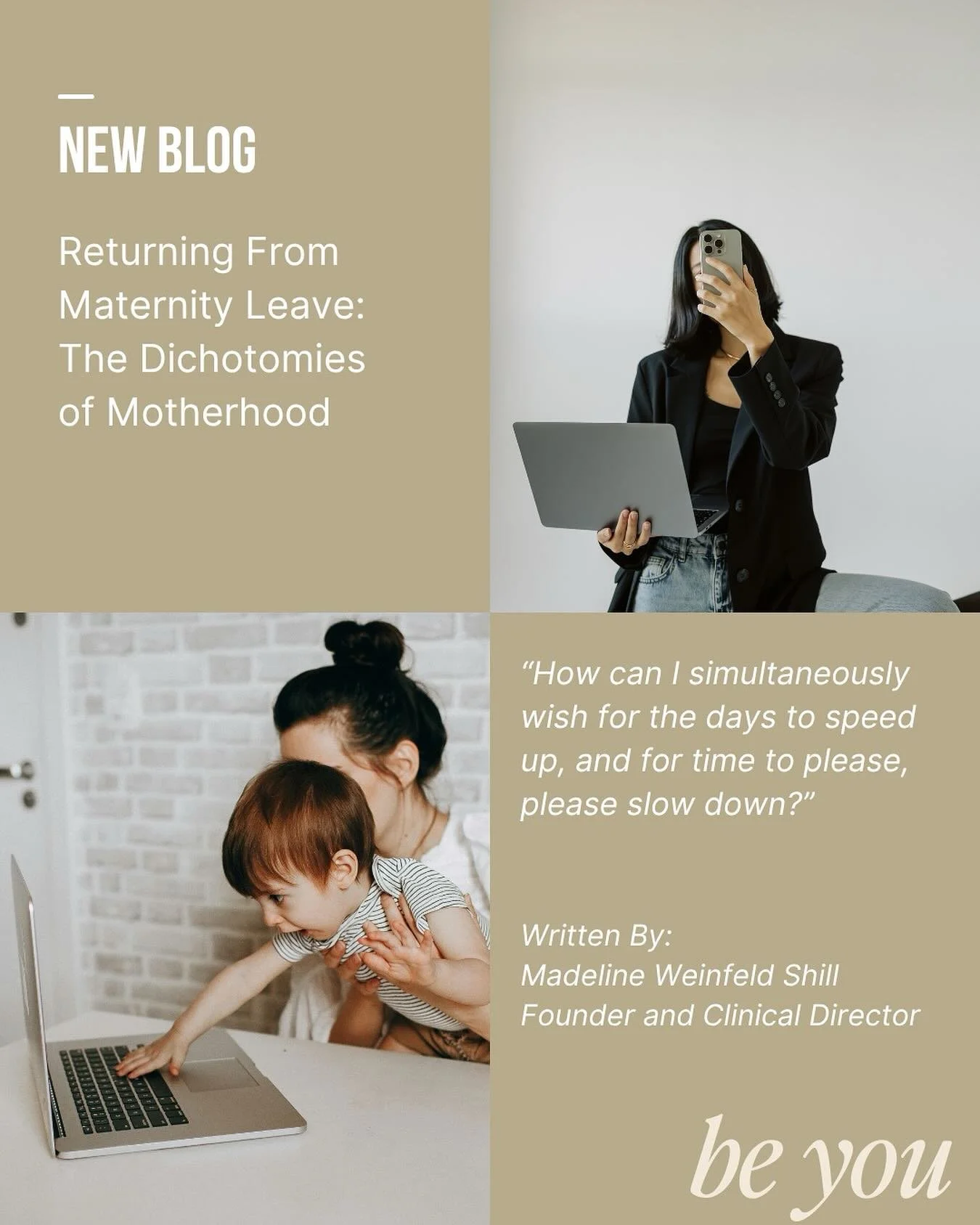 Welcome back from maternity leave Madeline! In this vulnerable blog post, Founder and Clinical Director Madeline Weinfeld Shill discusses postpartum, returning to work, and the joy and heaviness with two under two! Read the blog at beyoupsychotherapy