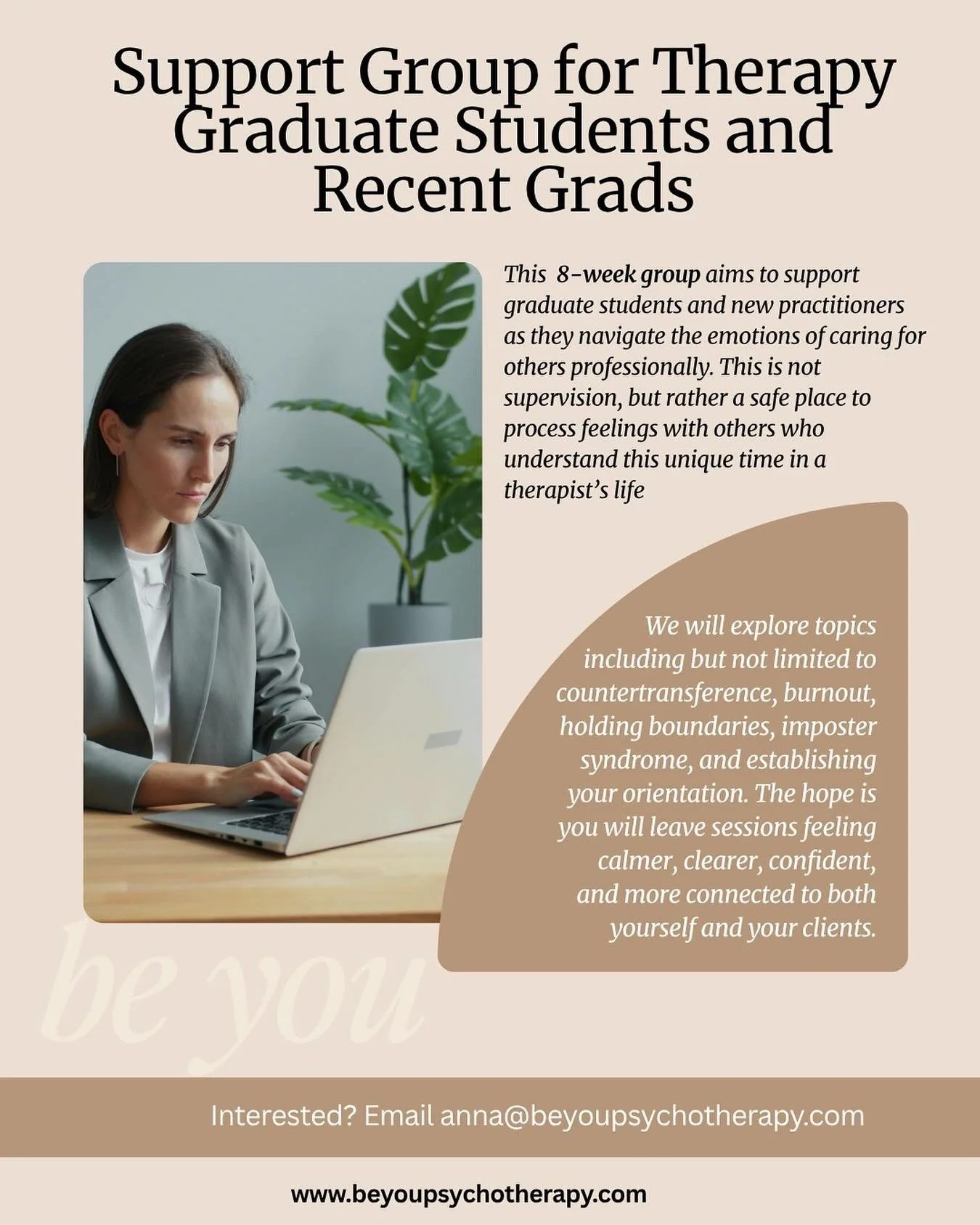 Calling all Therapy Grad Students and Recent Grads! This is an 8-week ongoing support group designed to help new practitioners in the therapy field, ran by Anna Lacy, MHC-LP! Interested? Sign up here: https://docs.google.com/forms/d/e/1FAIpQLSe5t0hhv