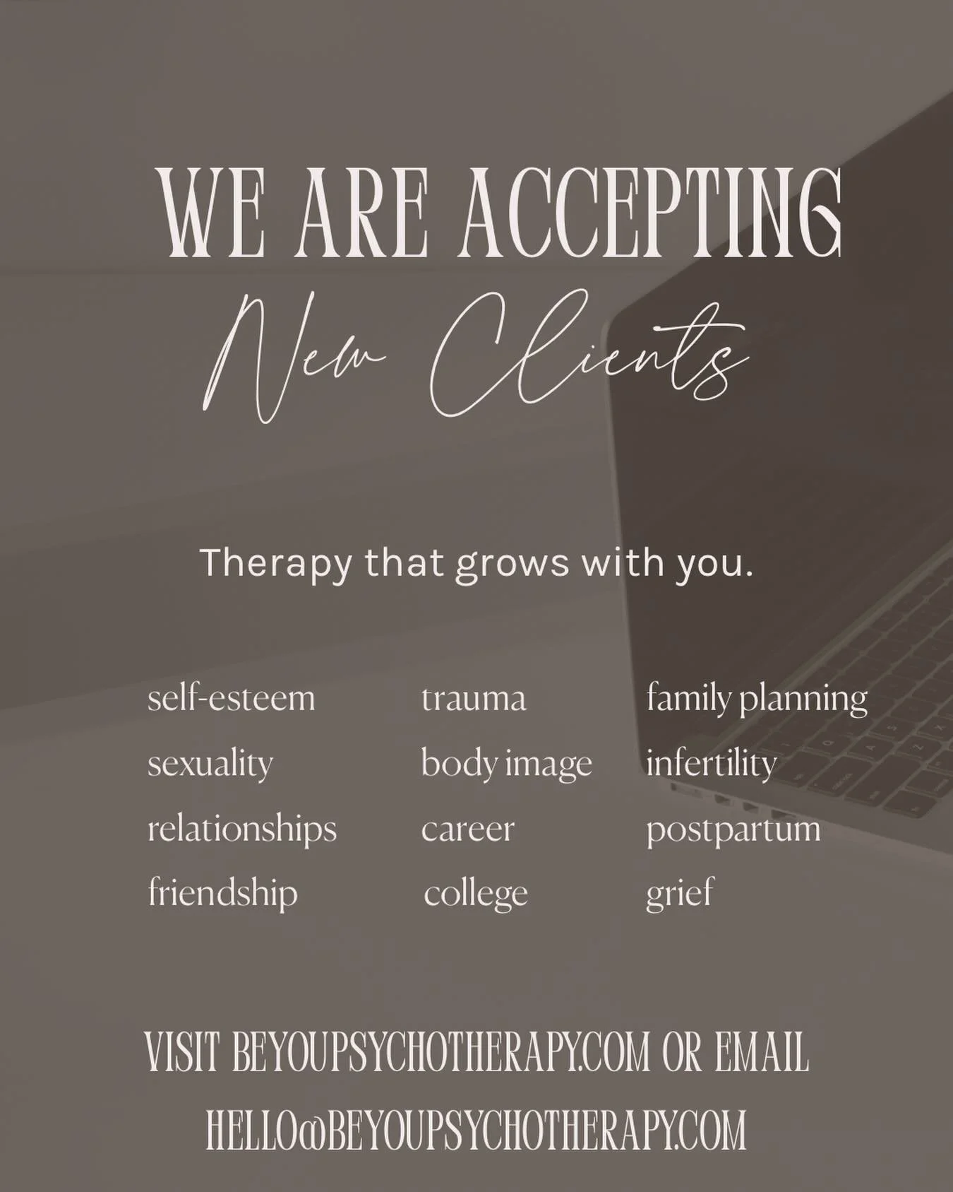 Be You Psychotherapy has a team of thoughtful, compassionate, evidence-based clinicians. We are passionate about supporting you throughout different life stages. Please visit beyoupsychotherapy.com or email hello@beyoupsychotherapy.com to be connecte