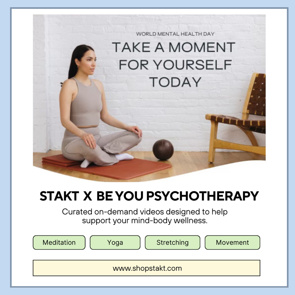 A woman sitting cross-legged in a meditation pose on a mat, with a meditation ball next to her, in a room with a white brick wall and a wooden chair. Overlaid text promotes World Mental Health Day and mental health support activities like meditation, yoga, stretching, and movement.