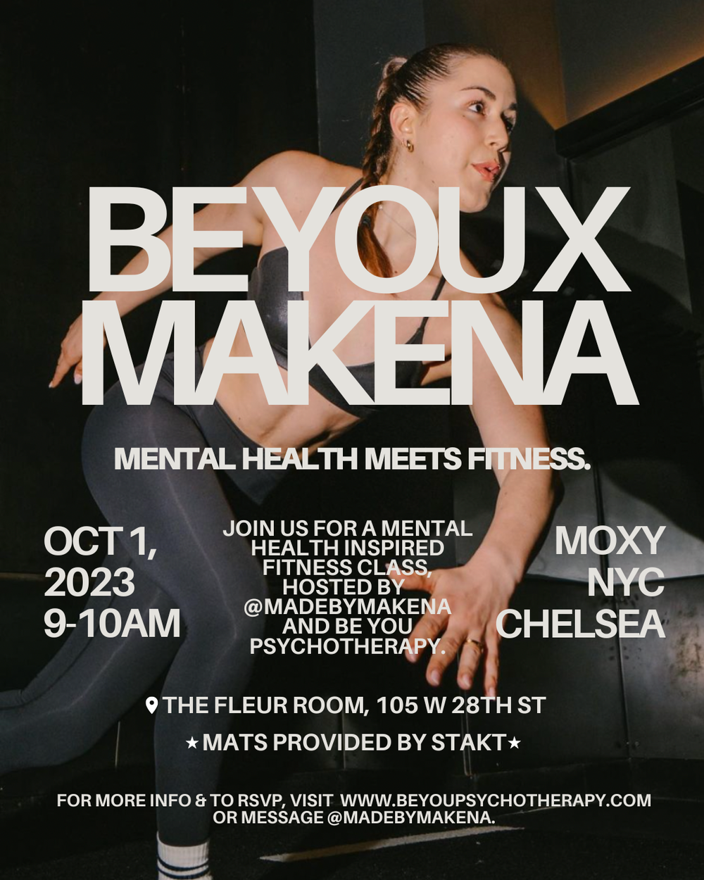 Poster promoting a mental health meets fitness event with a woman stretching in workout attire, overlayed with event details including date, time, location, and hosting information.