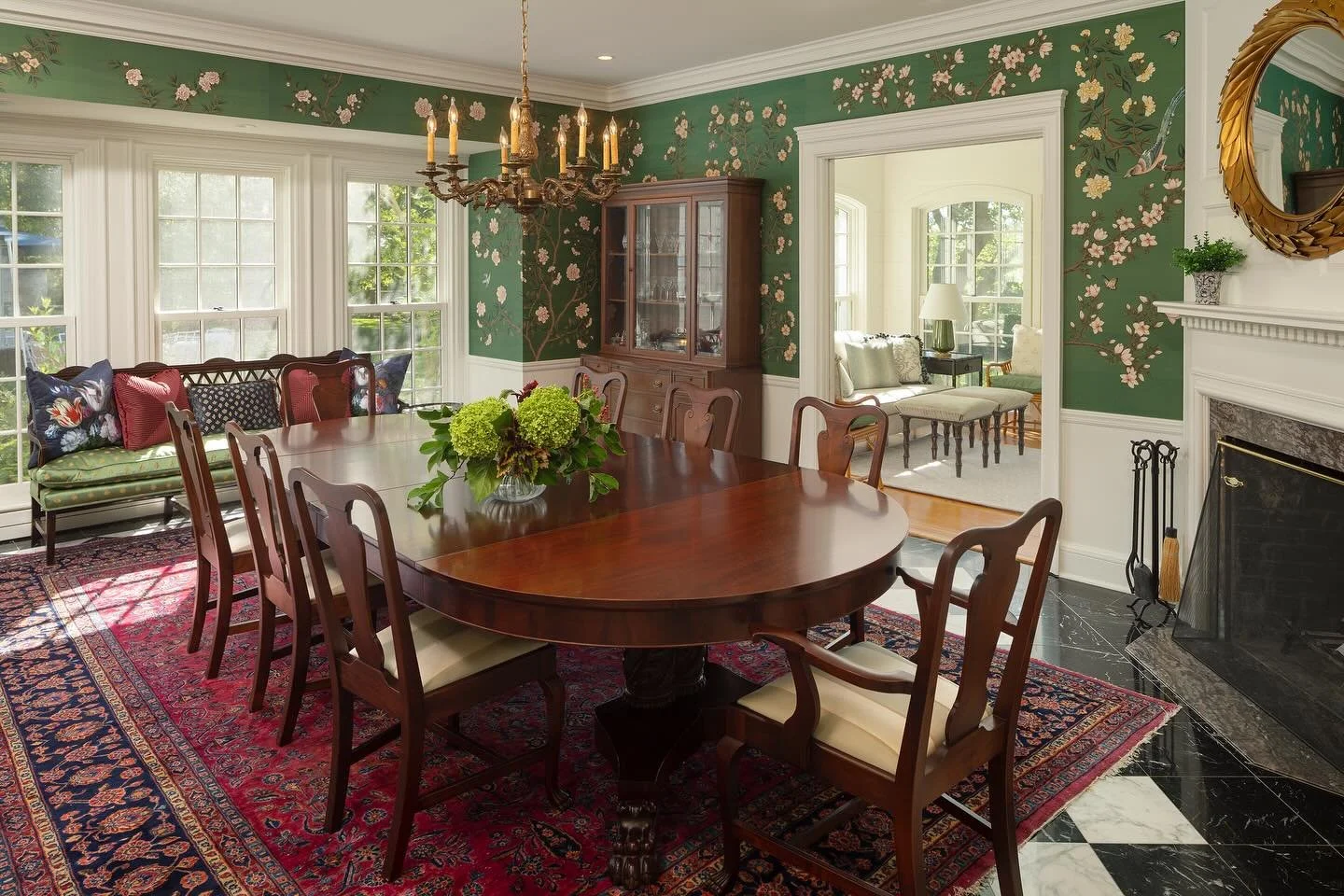 Feeling lucky? 🍀 We are&mdash;because this dining room proves green is always a good idea.

From the hand-painted wallcovering to the rich wood tones and layered antiques, every detail tells a story. It&rsquo;s classic, collected, and just bold enou