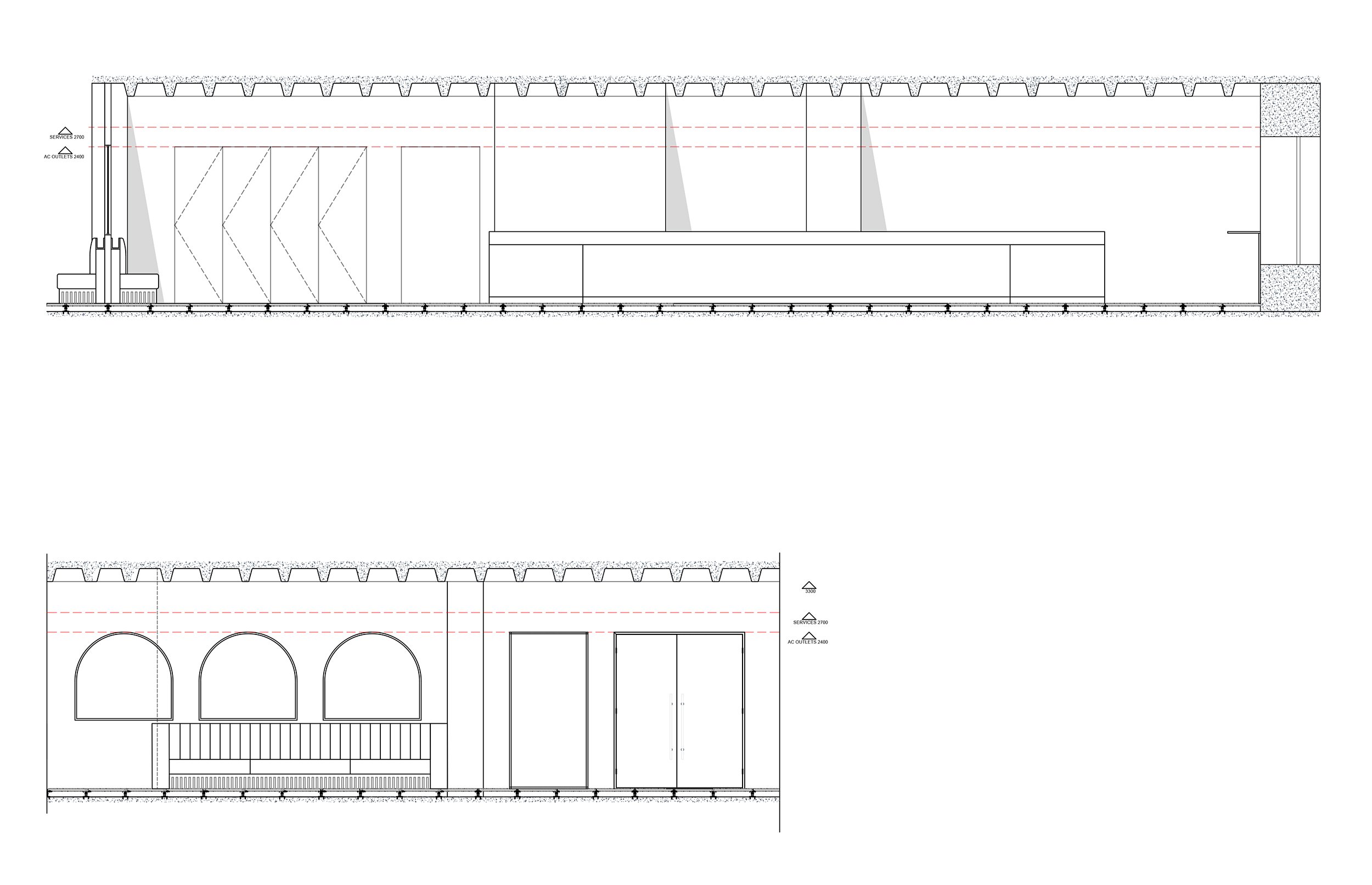 Internal elevation drawings showing proposed counter and some banquette seating.