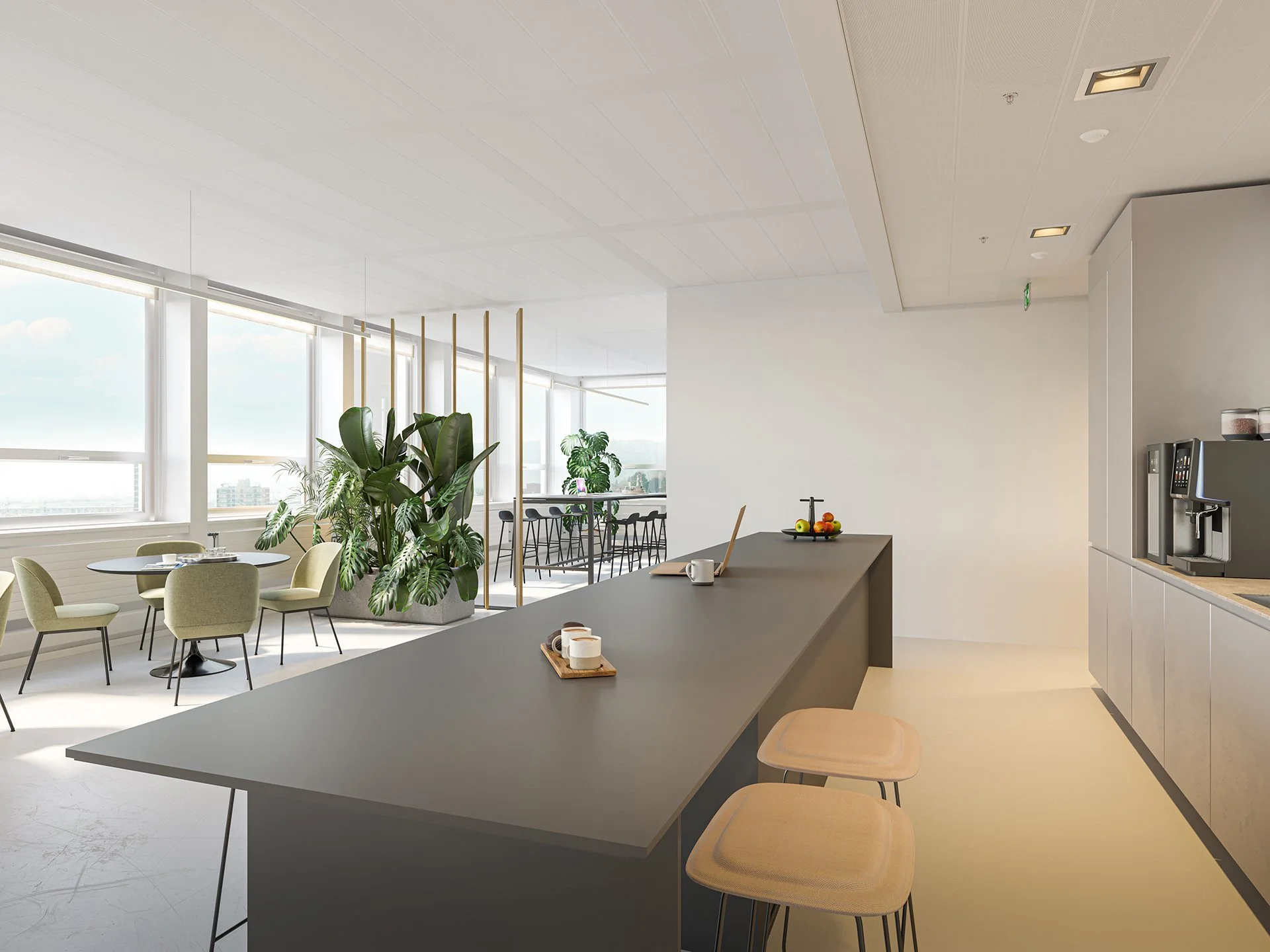 Modernes, helles Küchen- und Lounge-Bereich mit großen Fenstern, mehreren Sitzgelegenheiten, Pflanzen und einer Kaffeemaschine.
