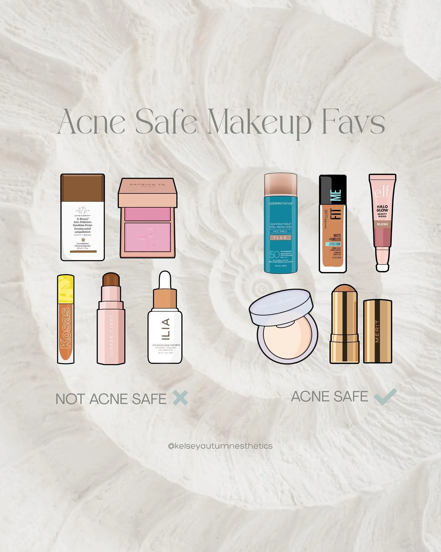 Just a few of my acne safe makeup favs and some that contain pore clogging ingredients! 

As always, if you&rsquo;re using one that contains pore-clogging ingredients and you&rsquo;re not breaking out then that&rsquo;s great! These are just a few tha