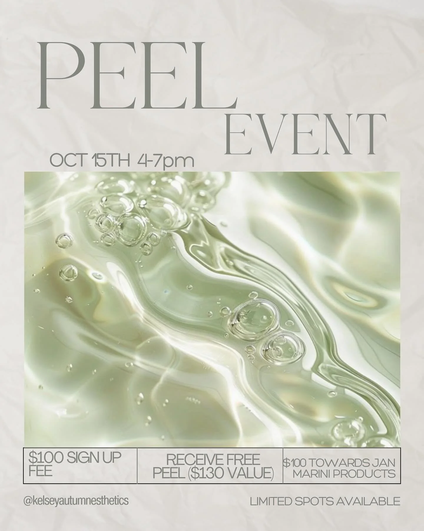 Peel season is officially here and you all loved the Peel Event last year, so I brought it back! 👏🏼

On October 15th from 4-7pm I will be offering express @mariniskinsolutions Glycolic Peels for ✨ FREE ✨and you&rsquo;ll receive a consultation with 